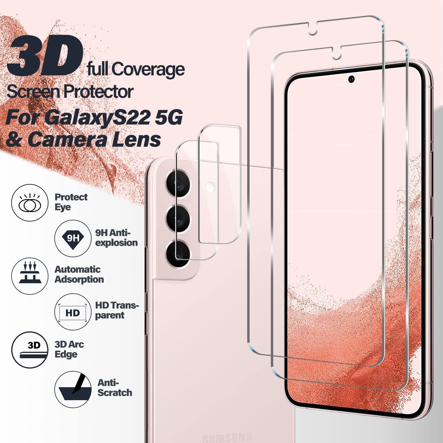 Galaxy S22 Tempered Glass Screen Protector + Camera Lens Protector [ 2 + 2 Pack ][Case Friendly] [Anti-Scratch] [Ultrasonic Fingerprint Unlock] Clear HD Glass Protective Film for Samsung Galaxy S22  BIGFACE   