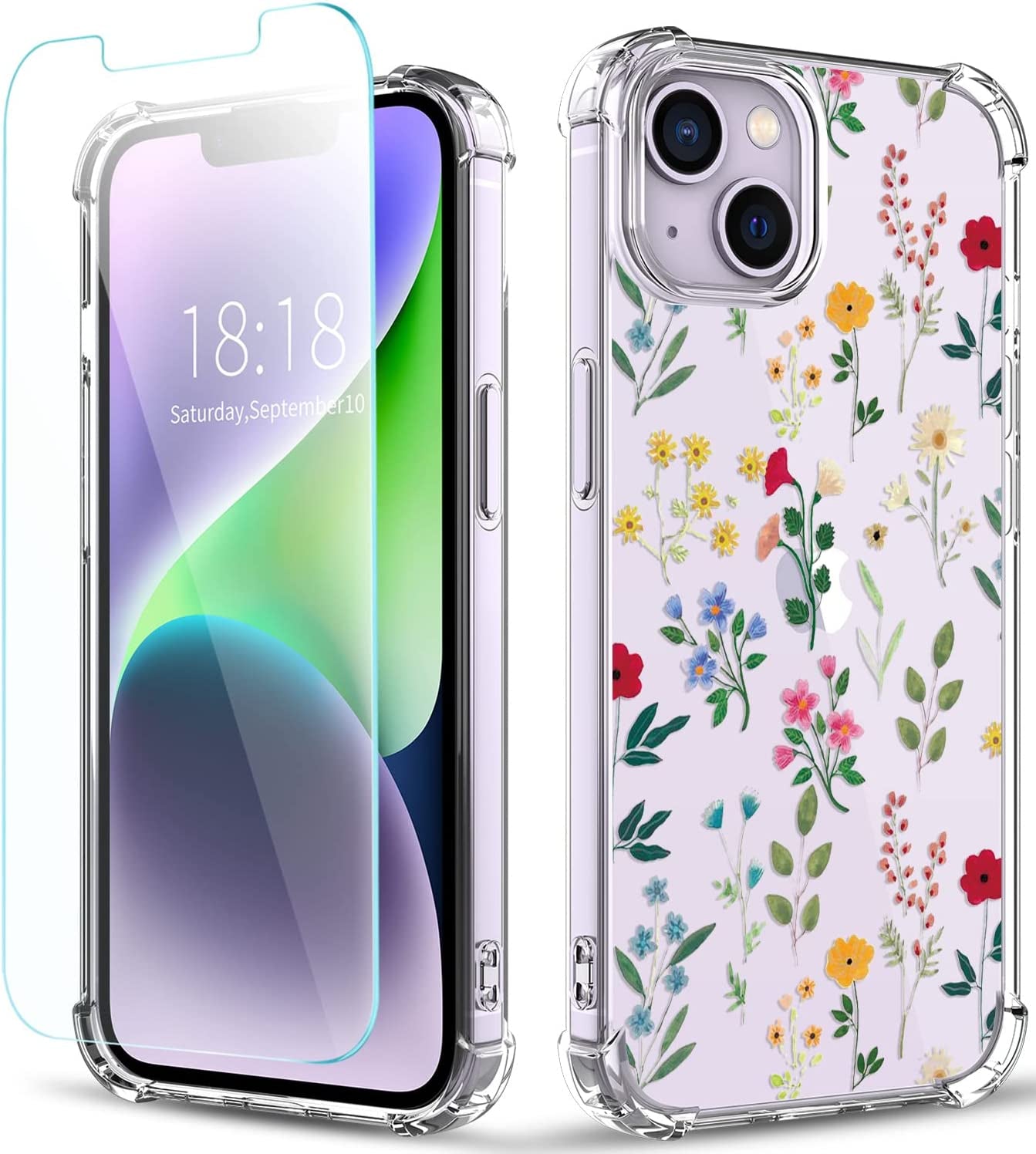 YOYORI Compatible with Iphone 14 Case with Screen Protector, Flower Pattern Design, Floral Clear Women Phone Case Shockproof Protective Soft TPU Bumper Cover 6.1 Inch 2022 (Butterfly/Blue)  YOYORI Flowers and Plants  