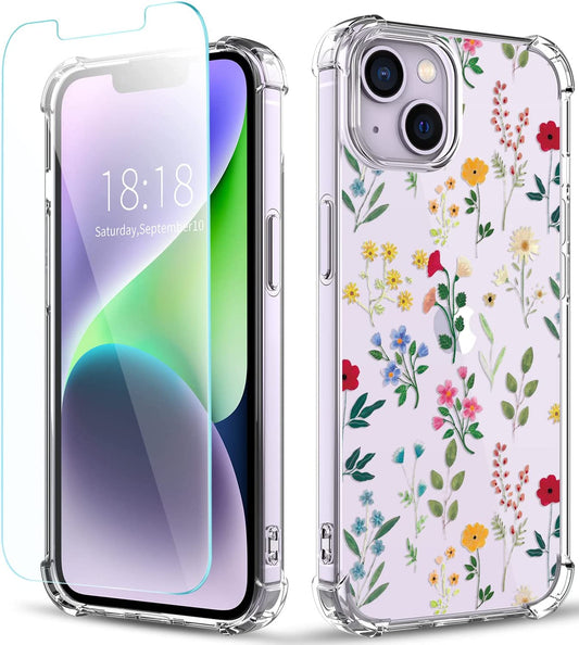 YOYORI Compatible with Iphone 14 Case with Screen Protector, Flower Pattern Design, Floral Clear Women Phone Case Shockproof Protective Soft TPU Bumper Cover 6.1 Inch 2022(Flowers and Plants)  YOYORI Flowers and Plants  