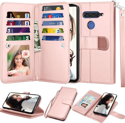 NJJEX LG V40 Thinq Wallet Case, LG V40 Case, LG V40 Storm Case, [9 Card Slots] PU Leather ID Credit Folio Flip [Detachable][Kickstand] Magnetic Phone Cover & Wrist Strap for LG V40 2018 [Rose Gold]  njjex   