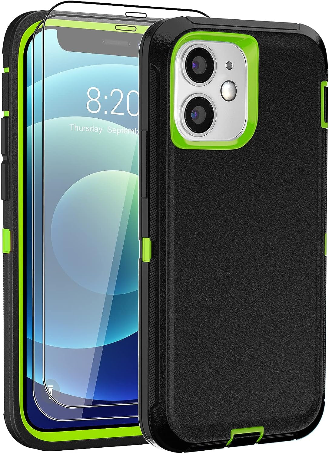 DHCALL for Iphone 12 Case & Iphone 12 Pro Case (6.1"), with 2 Tempered Glass Screen Protector,Belt Clip Holster, [Full Body Drop Protection] Shockproof Tough Durable 6.1 Inch（Black Green+Clip）  DHCALL   