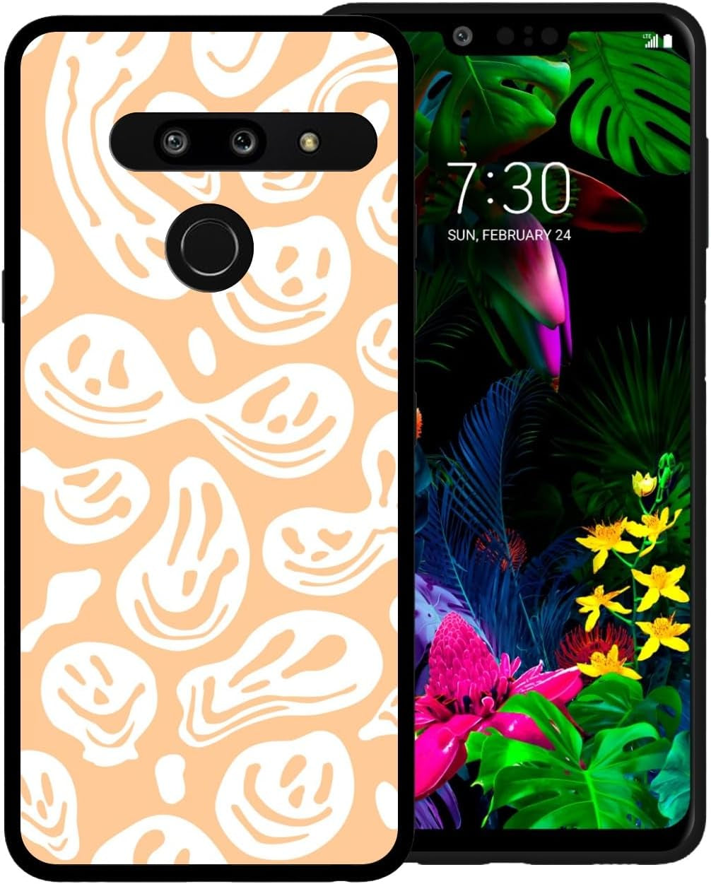 Zaztify Phone Case for LG G8 Thinq, Pastel Pink White Funny Trippy Dripping Smile Melted Hippie Smiling Skull Ghost Face Shockproof Protective Cover Shell  zaztify Orange White Trippy Face  