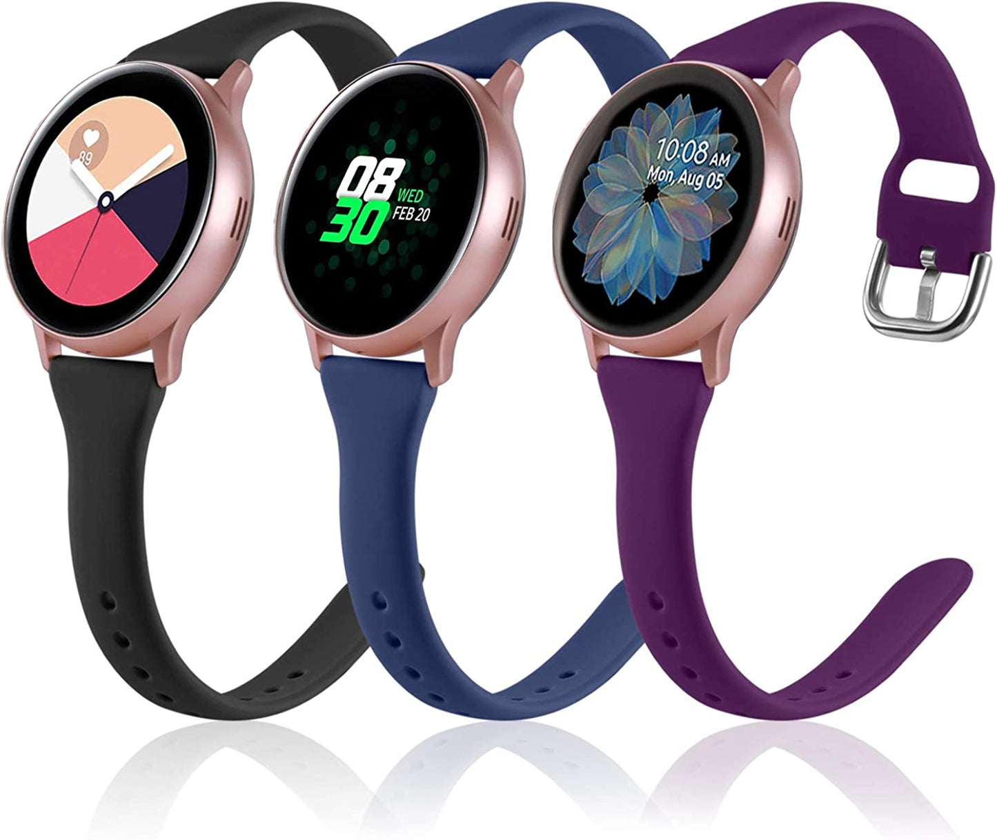 Vcegari (3 Pack) Band Compatible with Samsung Active 2 Watch 40Mm 44Mm, Galaxy Watch 3 41Mm/Galaxy Watch 42Mm/Gear S2 Classic/Gear Sport Bands, 20Mm Slim Silicone Sport Strap for Women Men  Vcegari Black/Navy/Plum Small 