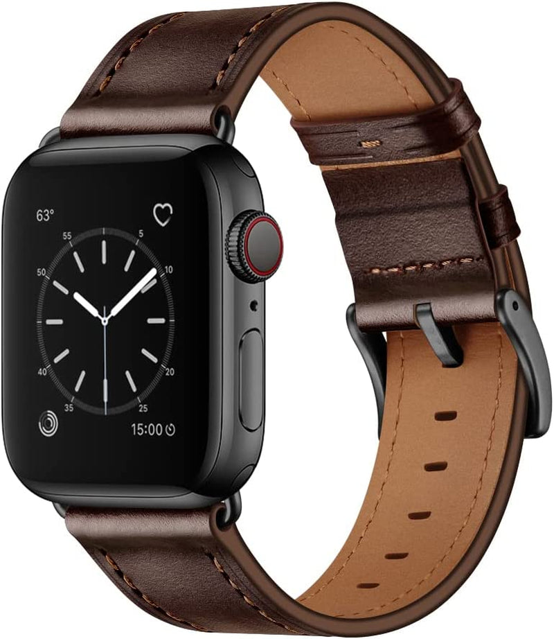 OUHENG Compatible with Apple Watch Band 49Mm 45Mm 44Mm 42Mm, Genuine Leather Band Replacement Strap Compatible with Apple Watch Ultra Series 8/7/6/5/4/3/2/1/SE/SE2, Black Band with Black Adapter  OUHENG Dark Brown/Black 49mm/45mm/44mm/42mm 