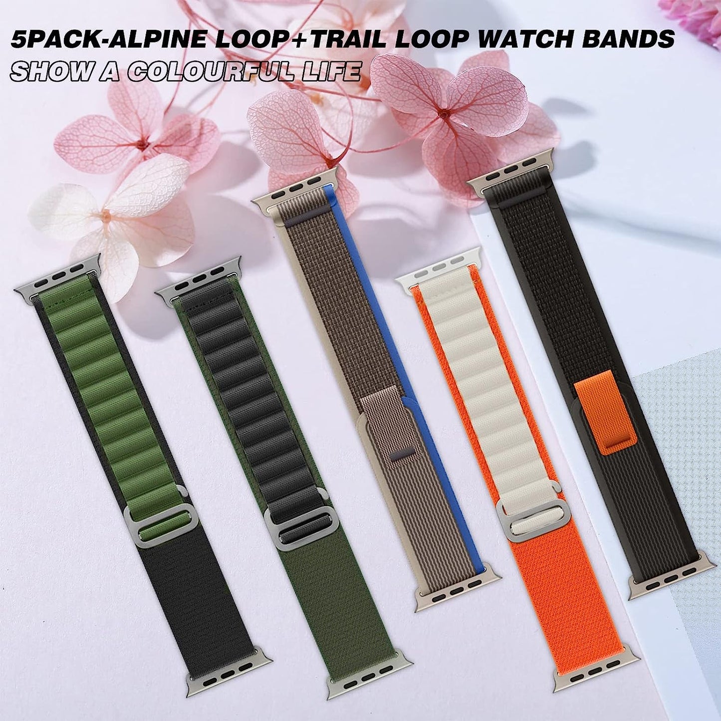 5 Pack Alpine Loop Bands Compatible with Apple Watch Ultra Band 49Mm 45Mm 44Mm 42Mm Women Men, Rugged Woven Nylon Sport Band with G-Hook for Apple Watch Ultra Iwatch Series 8 7 SE 6 5 4 3 2 1  Aupcdbe   