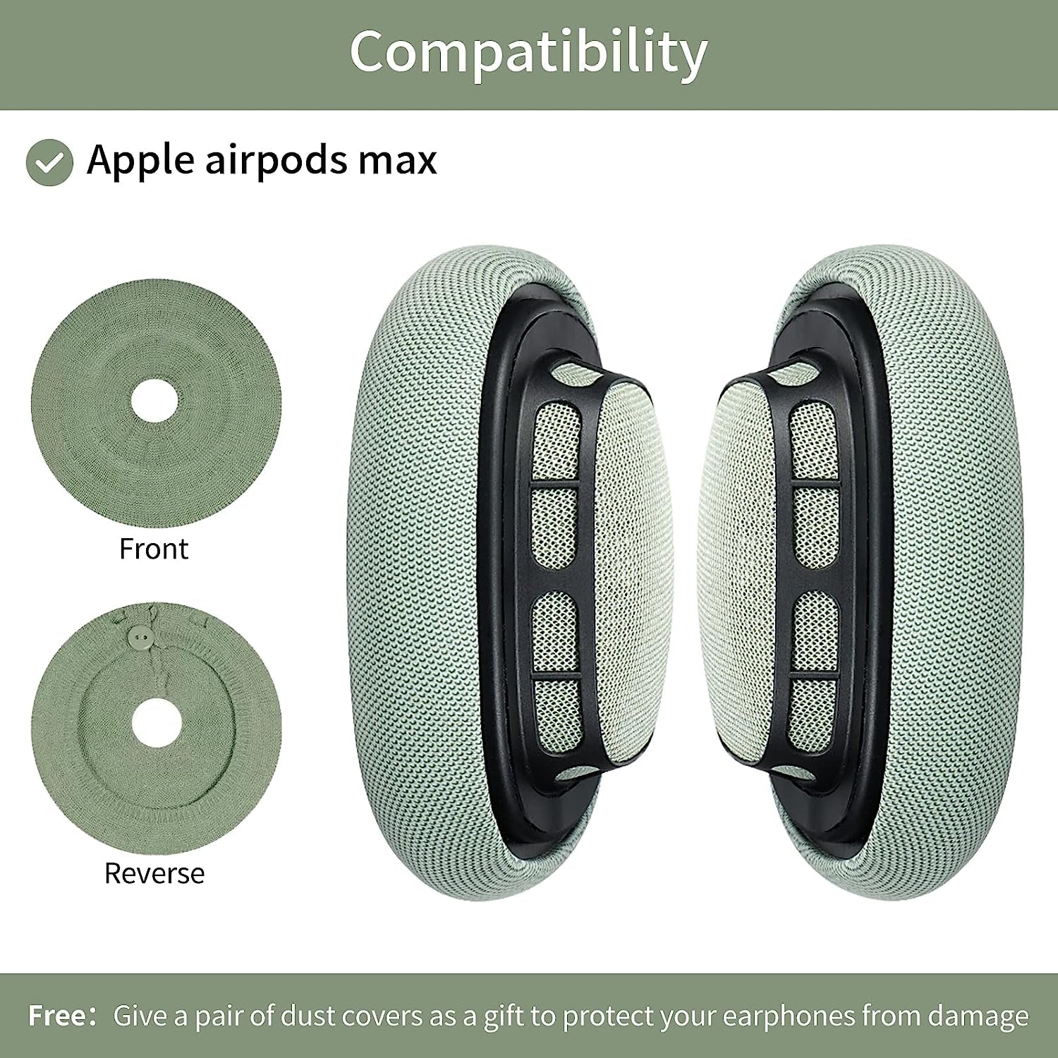 JHK for Airpods Max Ear Cushions Replacement Ear Pad Covers Airpod Pro Max Ear Cushions, Replacement Cat Ears Silicone Headband Airpod Max Accessories Gift: a Pair of Dustproof Knitted Covers (Green)  JHK   