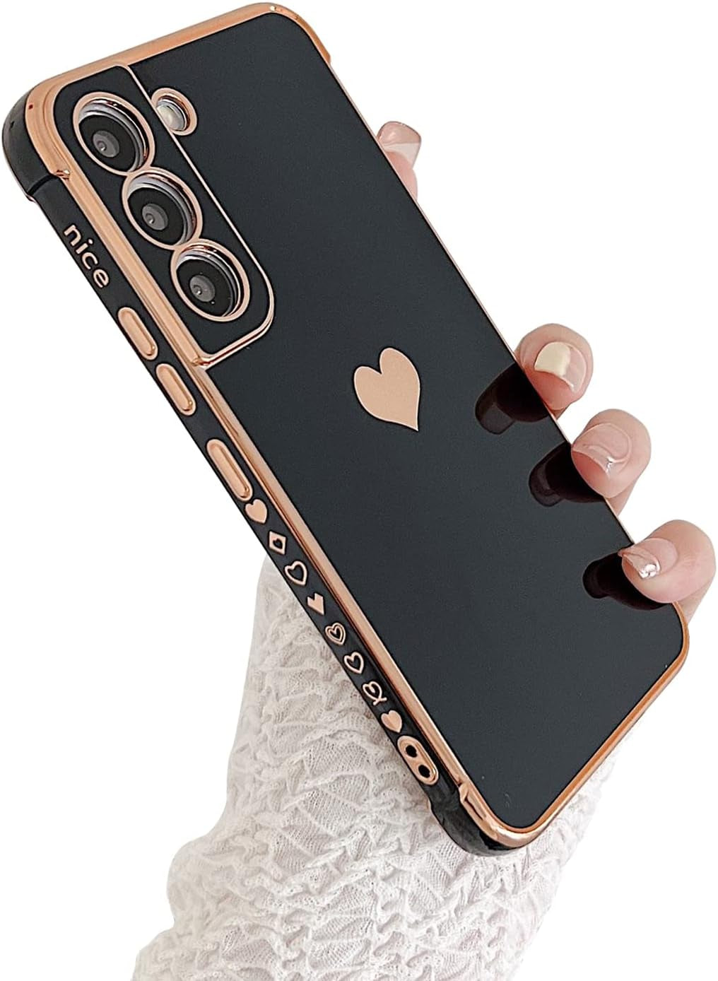 Phylla Design for Samsung Galaxy S22 Plus/S22+ Phone Case,Cute Love Heart Luxury Gold Plating Edge Case for Women Men Camera Protection Shockproof Bumper with Side Small Heart Pattern (Blue)  phylla\1 Black  