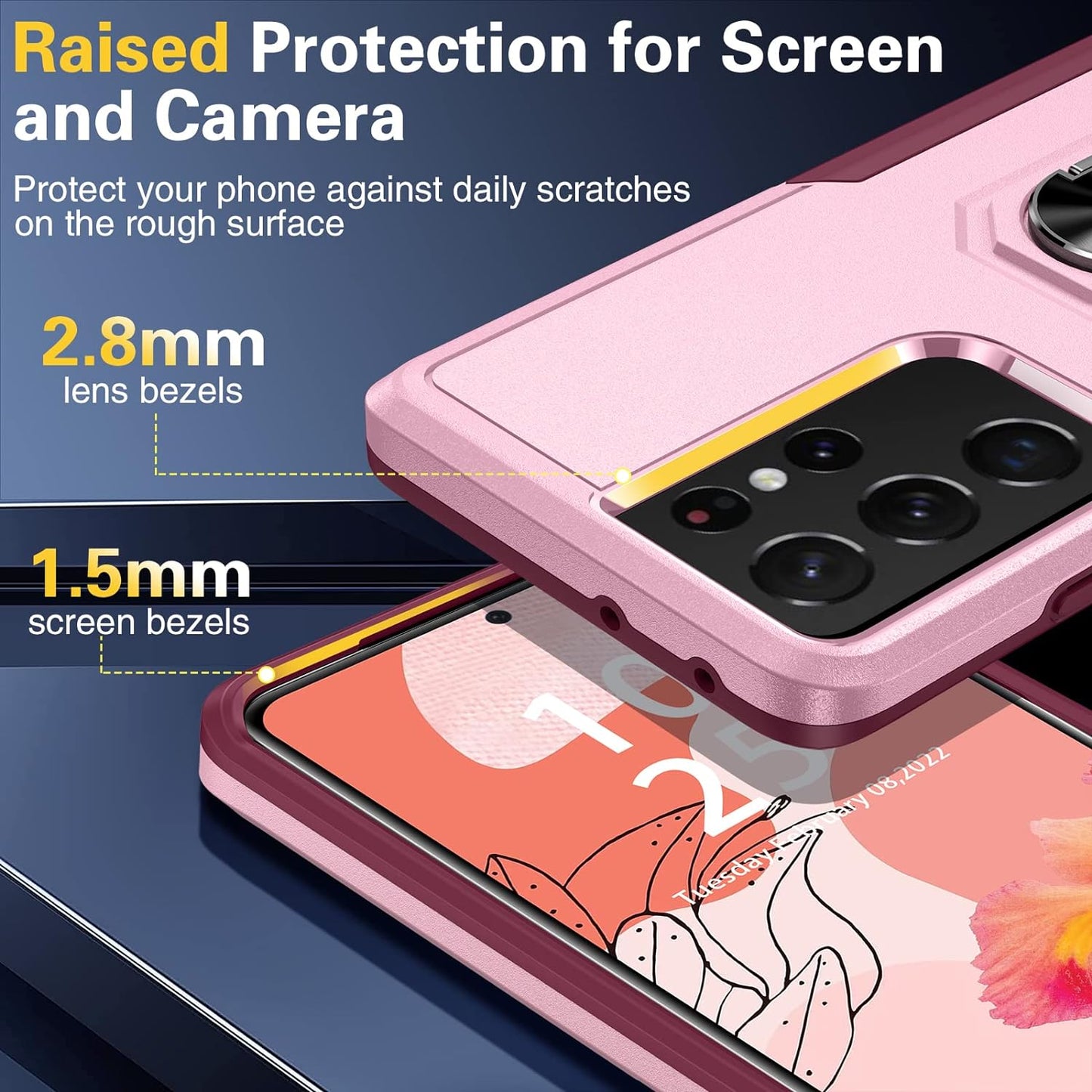 Oterkin for S21 Ultra Case 5G,Samsung Galaxy S21 Ultra Case with [2 X 9H Lens Protectors][Adjustable Ring Kickstand] Shockproof Anti-Scratch Heavy Duty Phone Case for Galaxy S21 Ultra (Pink)  Oterkin   