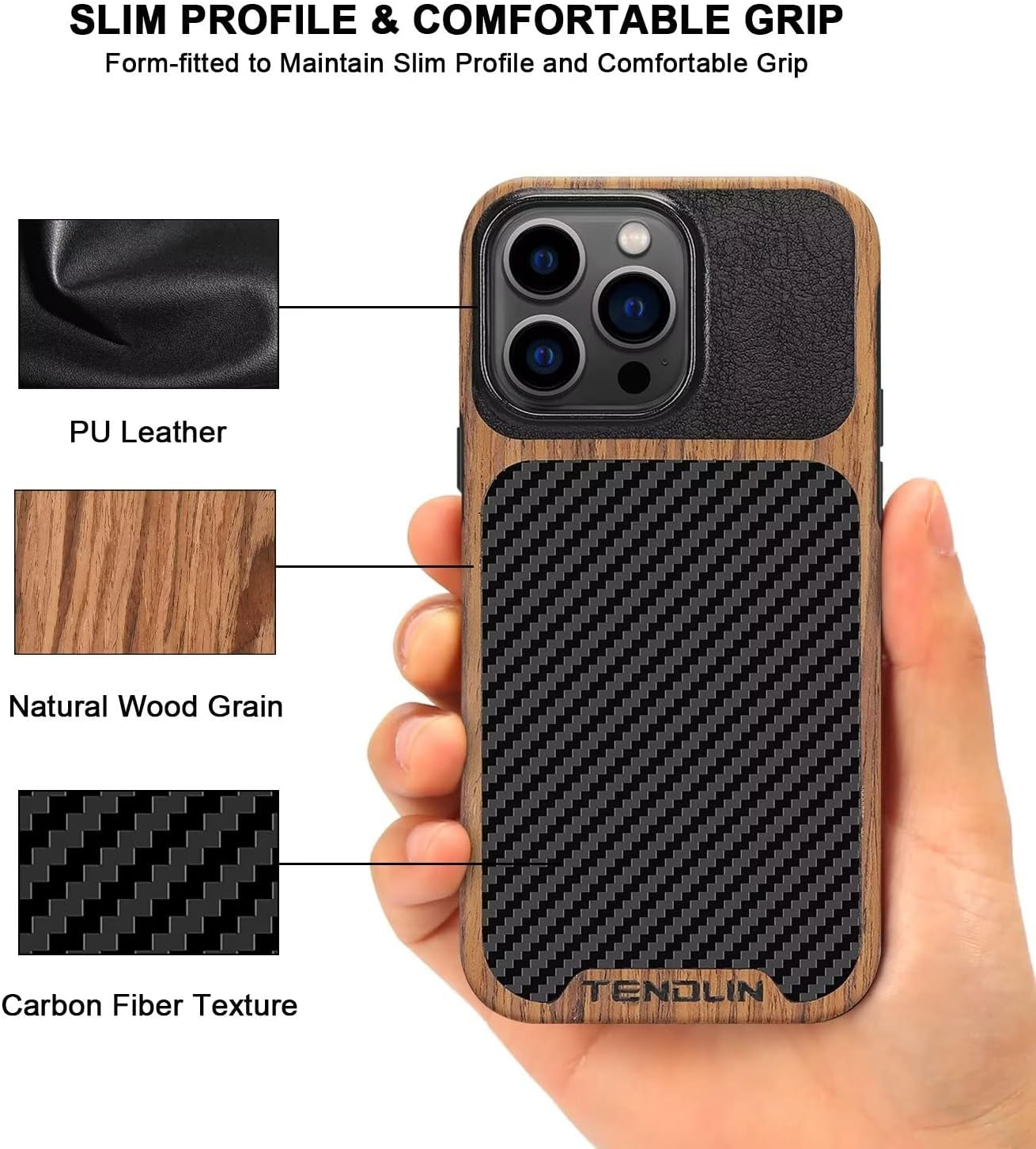 TENDLIN Compatible with Iphone 14 Pro Case Wood Grain with Carbon Fiber Texture Design Leather Hybrid Slim Case Black  TENDLIN   