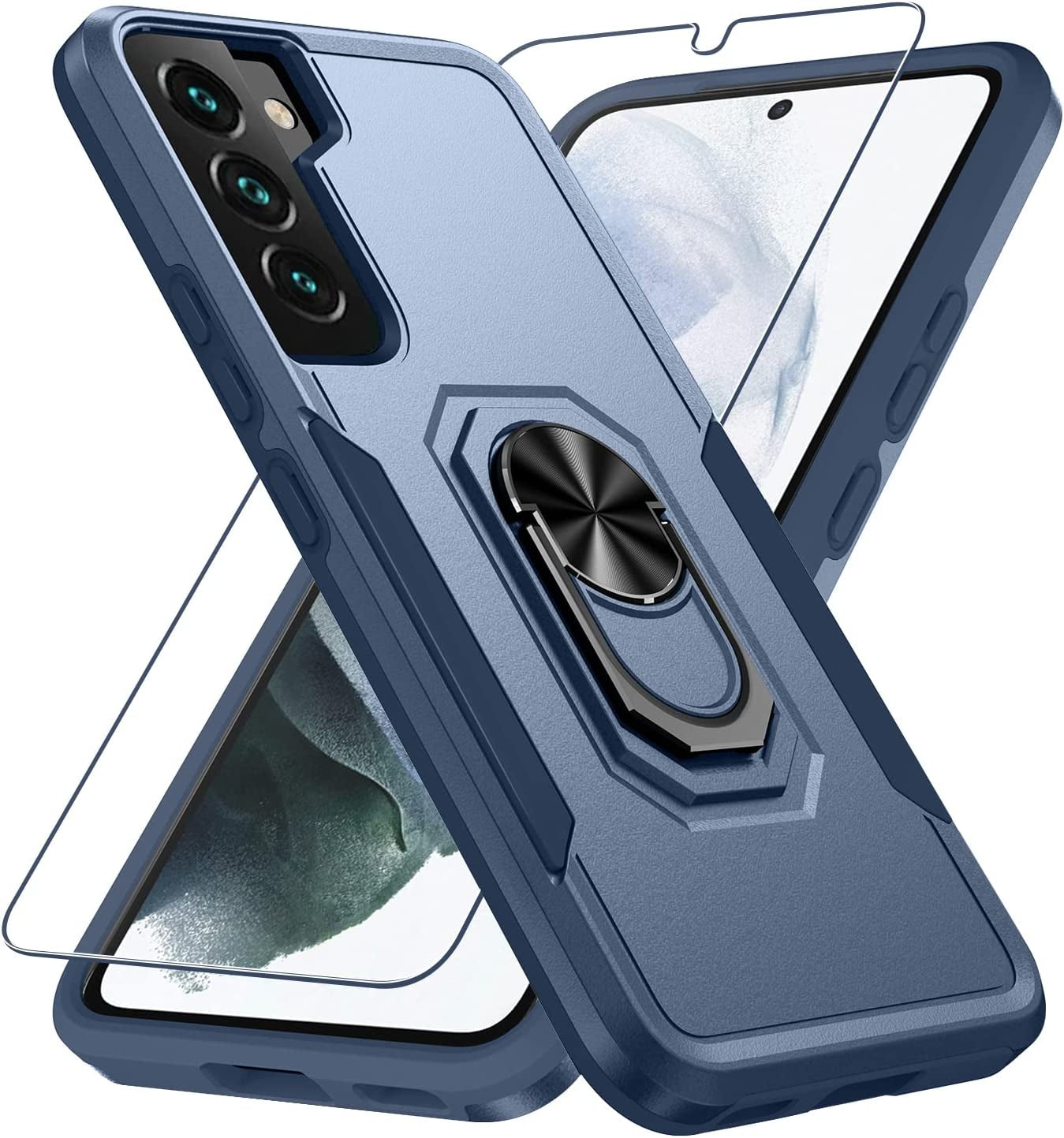 Samsung Galaxy S22 Case with Screen Protector Tempered Glass [Not for S22+] ,Heavy Duty Shockproof Full Body Phone Cover[Dual Layer][Hard PC Back],Built in Finger Ring Stable Kickstand,2022 Black  Janmitta Navy Blue  