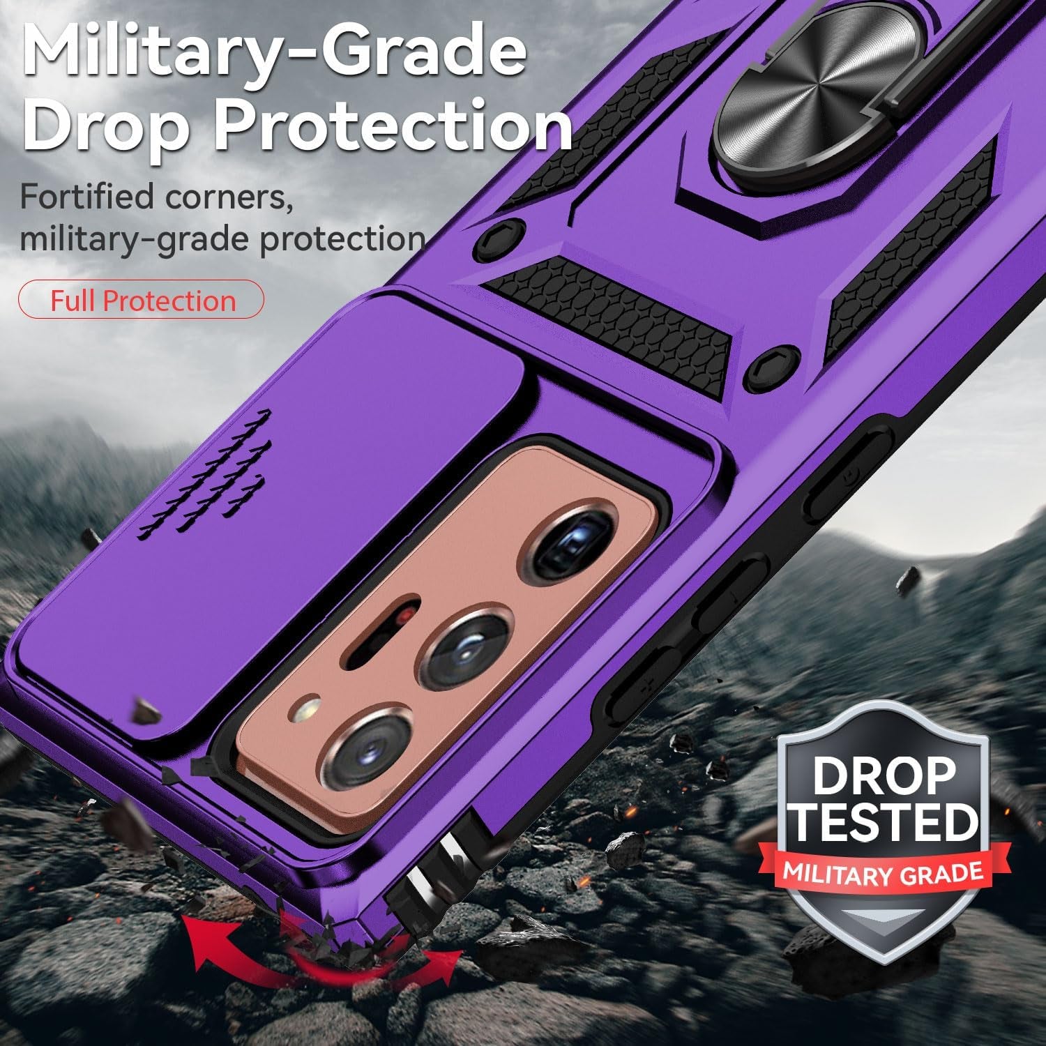 For Samsung Galaxy Note 20 Ultra Case with Camera Lens Cover HD Screen Protector, Military-Grade Drop Tested Magnetic Ring Holder Kickstand Protective Phone Case for Galaxy Note 20 Ultra 5G (Purple)  JINZHI Inc   