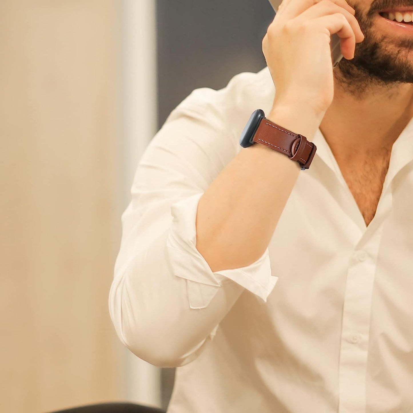 2 Pack Leather Bands Compatible with Fitbit Versa 3 Bands/Fitbit Sense Bands for Women Men, Classic Soft Leather Replacement Wristbands Strap for Fitbit Versa 3 / Fitbit Sense  POHNUI   