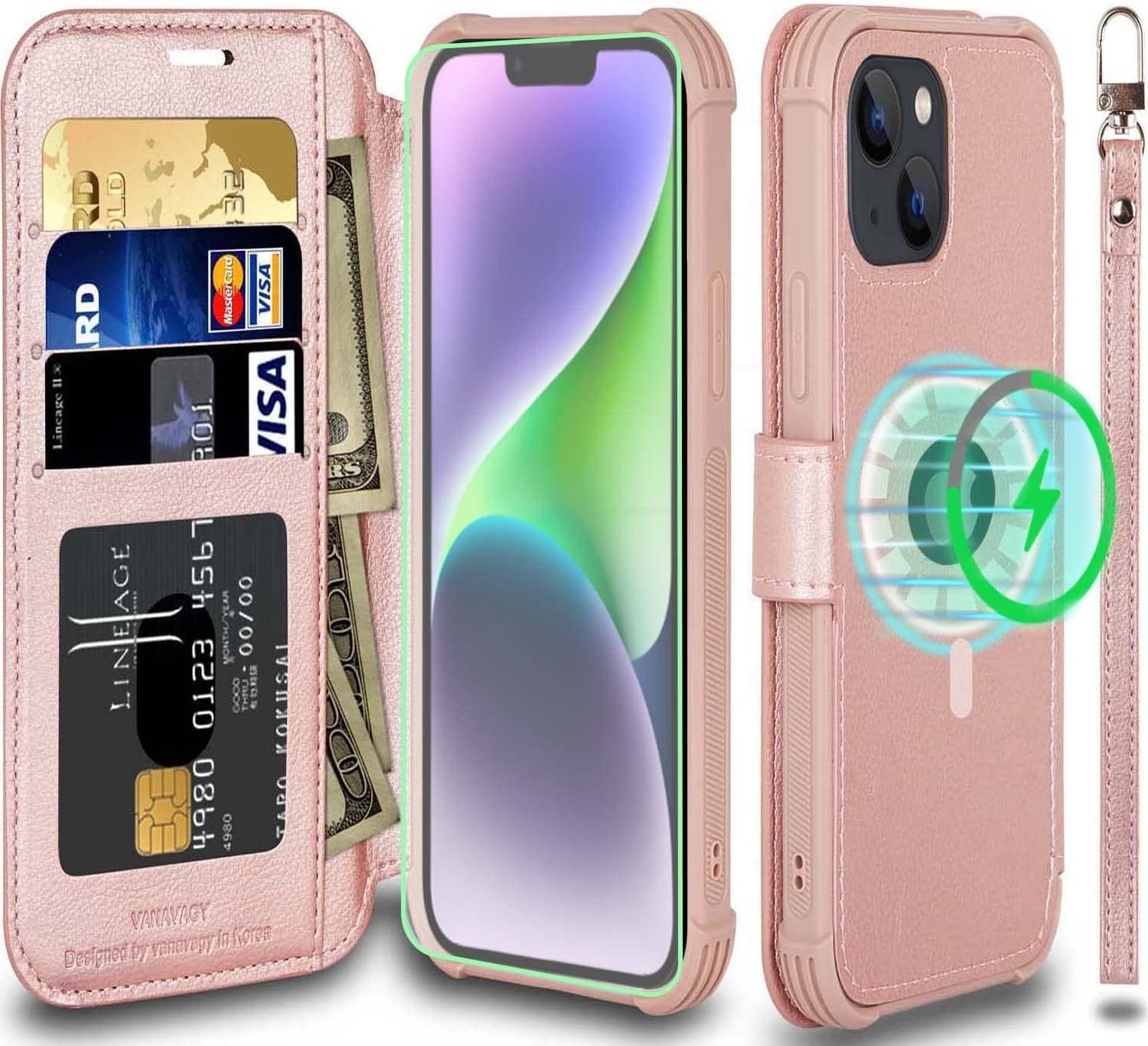 VANAVAGY Iphone 14 plus Wallet Case Magsafe,Leather Flip Folio Phone Cover Supports Magsafe and Wireless Charging with RFID Block Card Holder and Wrist Strap,Clove Purple  VANAVAGY Rosegold（Not for iPhone 14 ）  