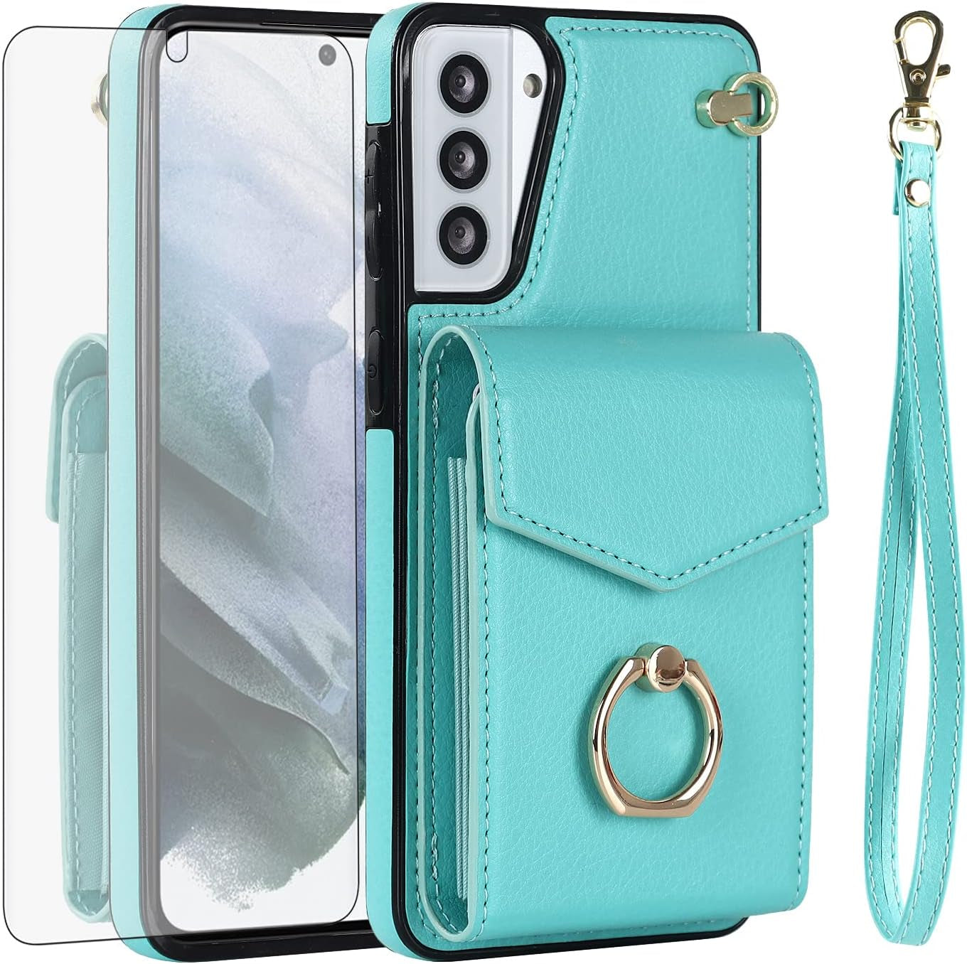 Asuwish Phone Case for Samsung Galaxy S21 plus S21+ 5G Wallet Cover with Tempered Glass Screen Protector and RFID Blocking Ring Credit Card Holder Cell S21+5G S21Plus 21S + S 21 21+ G5 Women Rose Gold  Asuwish Teal For S21 Plus / S21 Plus 5G 