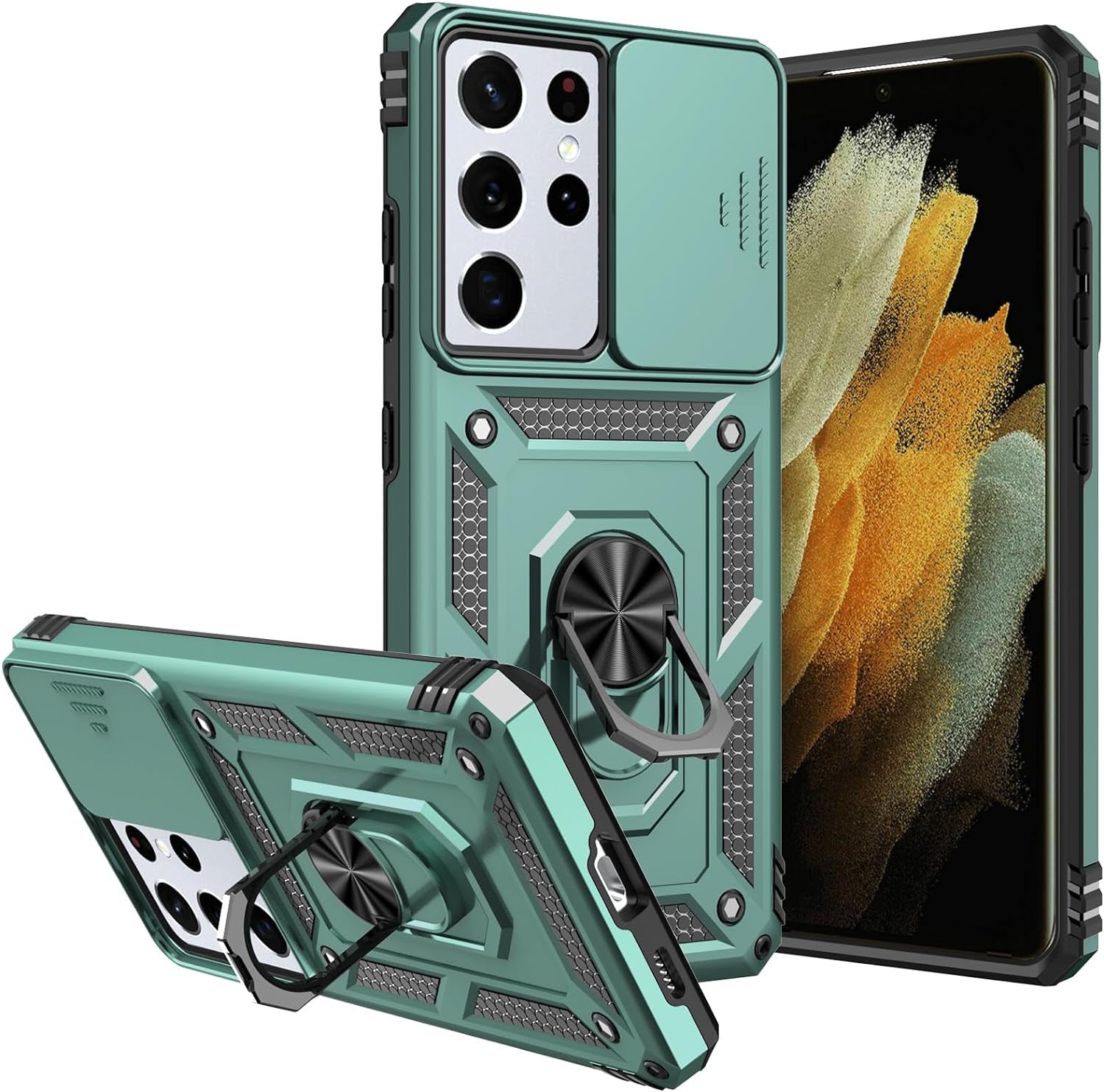 S21 Ultra Case,Samsung Galaxy S21 Ultra Case,With Camera Cover,[Military Grade] 16Ft.Drop Tested Cover with Magnetic Kickstand Protective Case for Galaxy S21 Ultra 6.8 Inch, Black  SKMY Green  