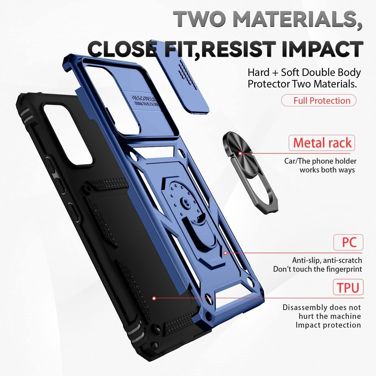 Samsung Galaxy A53 5G Case Built in Slide Camera Lens Cover and Screen Protector,Heavy Duty Shockproof Full Body Protective Phone Cover,Built in Finger Ring Stable Holder Kickstand,2022 Blue  Janmitta   