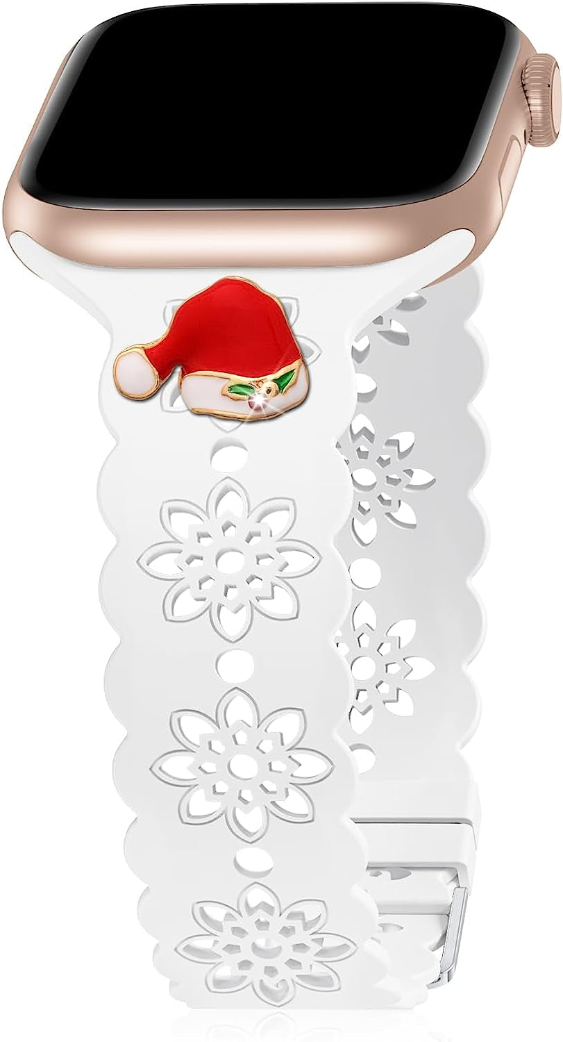 Floral Silicone Band Compatible with Apple Watch Bands 38Mm 40Mm 42Mm 44Mm 41Mm 45Mm 49Mm Women Men, Slim Hollow-Out Design Wristbands Soft Sport Breathable Watch Bands for Iwatch Ultra SE Series 8/7/6/5/4/3/2/1  Wewatri Wine Red with Christmas Hat Charms 38mm/40mm/41mm 