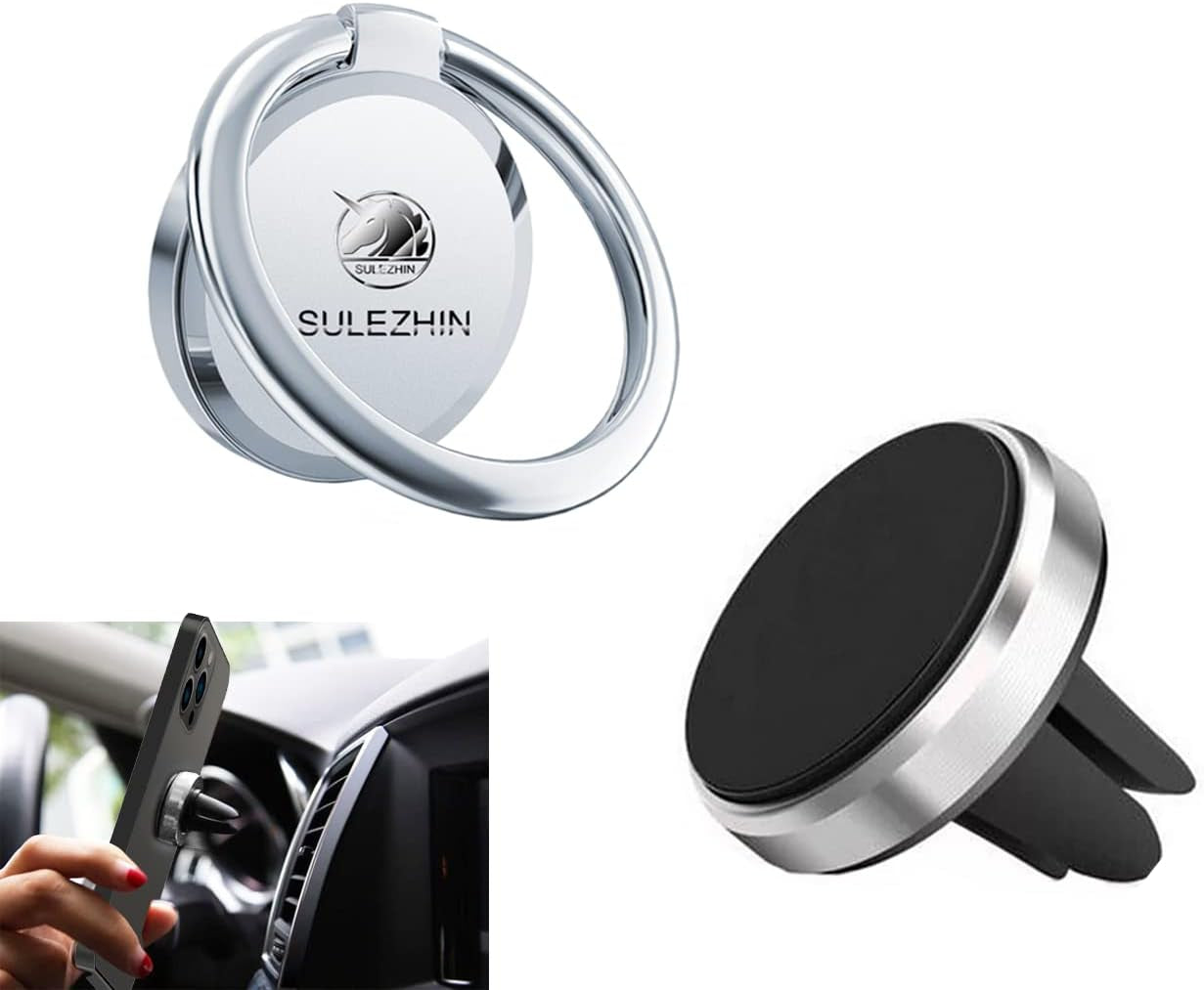 Phone Ring Holder Stand Finger Kickstand 360° Rotation Metal Ring Grip with Magnetic Phone Car Mount Holder Set Compatible with Iphone, Samsung, LG, Sony, HTC ETC (Rose Gold)  sulezhin silver-2  