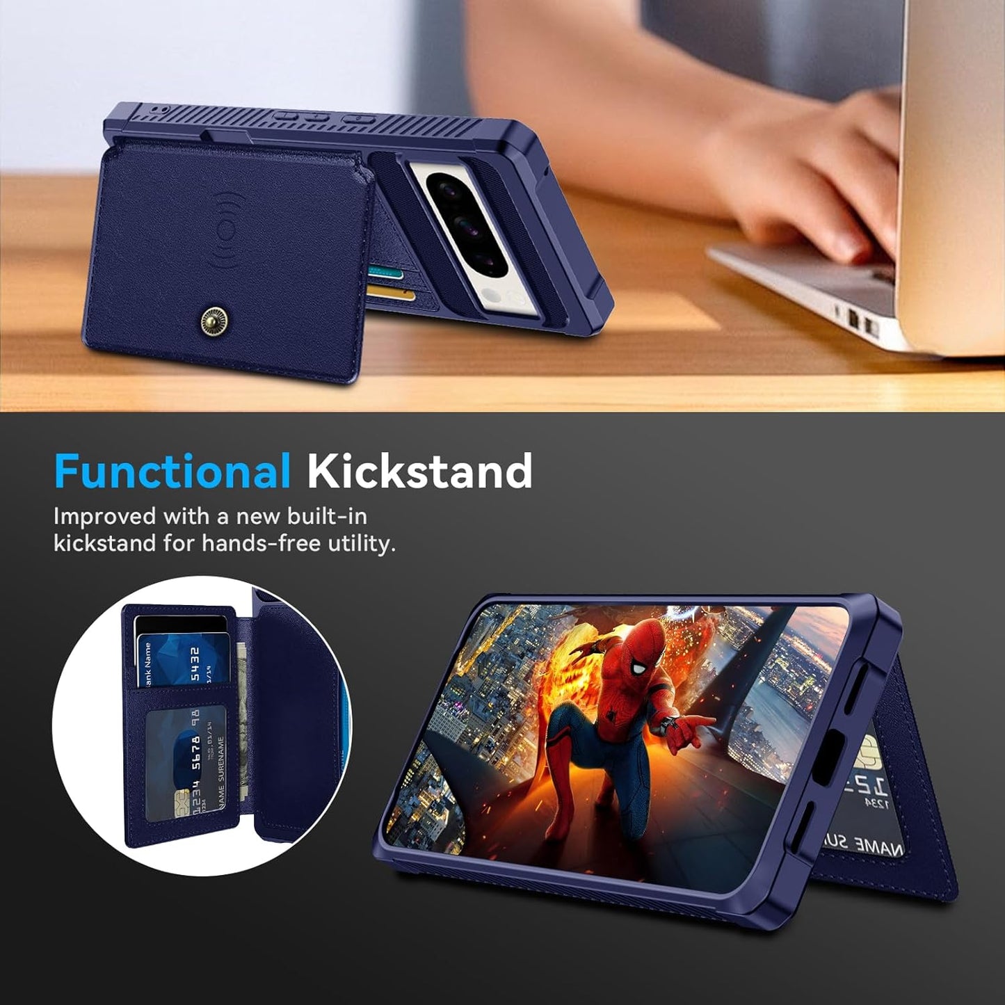 Goosebox for Google Pixel 8 Pro Case with Card Holder(5 Cards), Google 8 Pro Wallet Case Built-In Kickstand Magnetic Flip Snap Soft TPU+PU Leather Durable Shockproof Case for Google 8 Pro (Blue)  GooseBox   