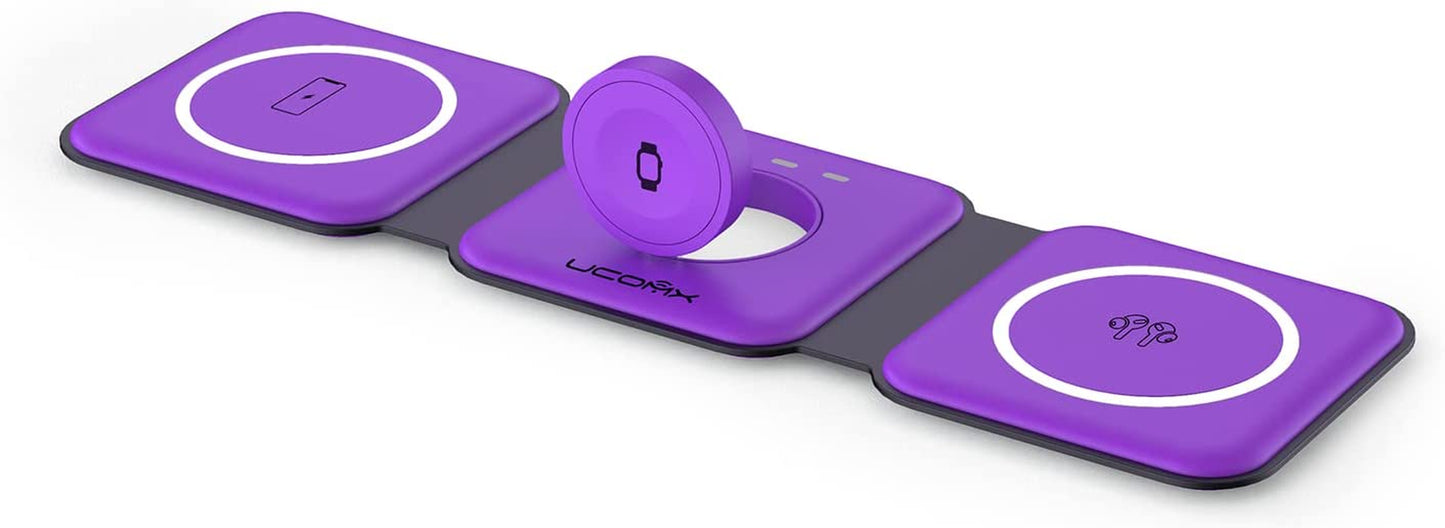 UCOMX Nano 3 in 1 Wireless Charger for Iphone,Magnetic Foldable 3 in 1 Charging Station,Travel Charger for Multple Devices for Iphone 14/13/12 Series,Airpods 3/2/Pro,Iwatch(Adapter Included)  Lilimlss LLC Purple  