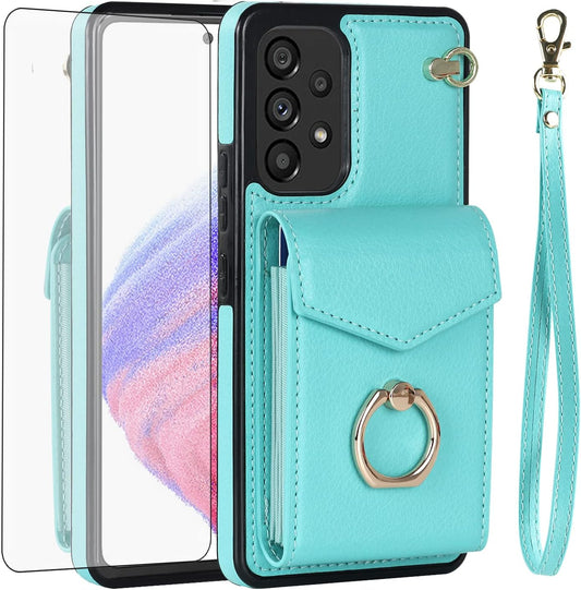 Asuwish Phone Case for Samsung Galaxy A53 5G Wallet Cover with Tempered Glass Screen Protector and RFID Blocking Ring Credit Card Holder Cell Accessories a 53 G5 53A SM A536U 6.5" 2022 Women Men Teal  Asuwish   