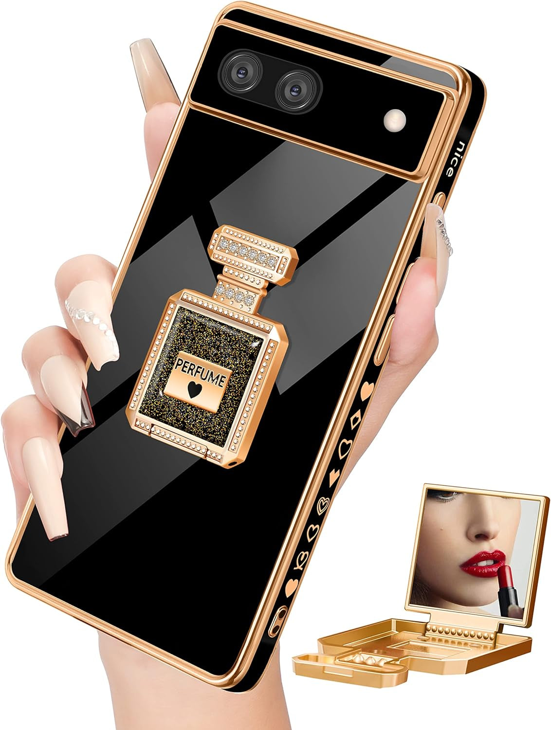 Buleens for Pixel 6 Pro Case with Metal Perfume Bottle Mirror Stand,Cute Women Girly Heart Cases for Google Pixel 6 Pro Case, Elegant Luxury Phone Cover for Pixel 6 Pro Phone Case 6.7''Sierra Blue  Buleens Black For Google Pixel 6A 