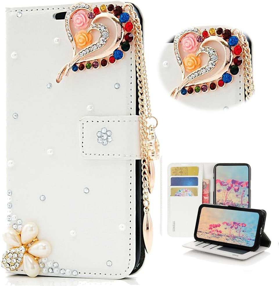 STENES LG G6 Case, LG G6 plus Case - STYLISH - 3D Handmade Bling Crystal Rose Heart Pendant Flowers Wallet Credit Card Slots Fold Stand Leather Cover Case for LG G6/LG G6 plus - White  STENES   