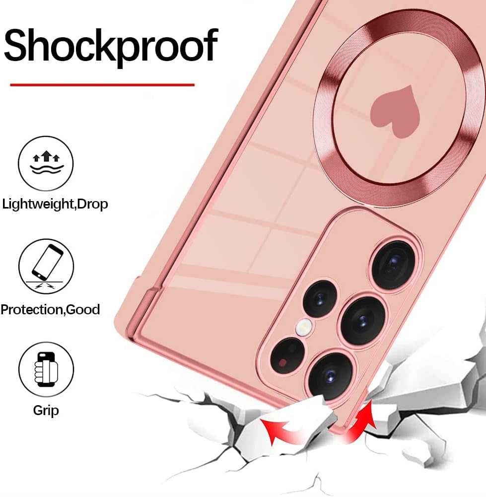 Fiyart Designed for Samsung Galaxy S22 Ultra Case Love Heart Design for Women Girls Soft TPU Plating Full Camera Lens Protection Phone Cover for Galaxy S22 Ultra 6.8"-Pink  Fiyart   