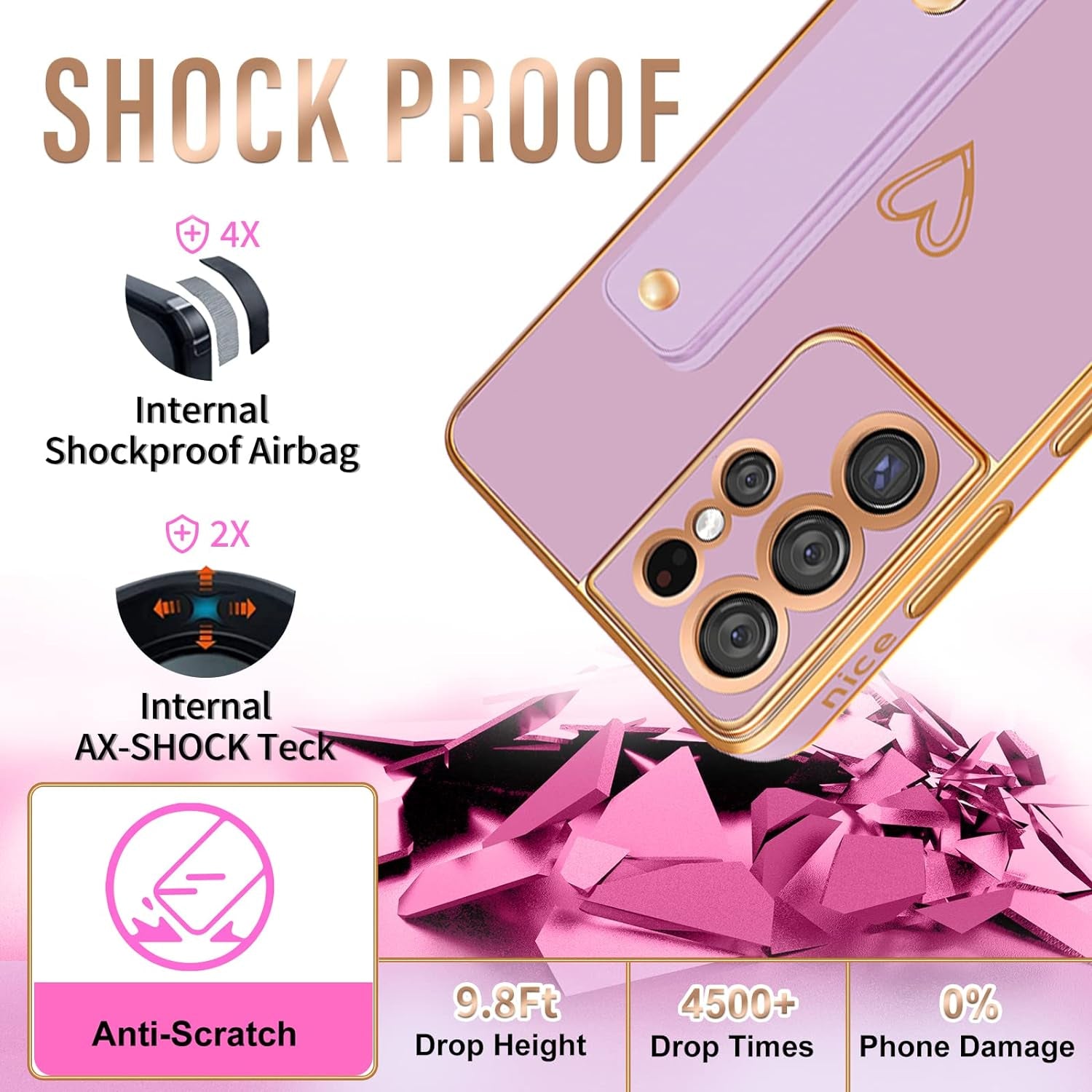 Likiyami (3In1 for Samsung Galaxy S21 Ultra Case Heart Women Girls Cute Girly Aesthetic Trendy Luxury Pretty with Loop Phone Cases Purple Lavender Plating Love Hearts Cover+Screen+Chain -6.8 Inch  Likiyami   