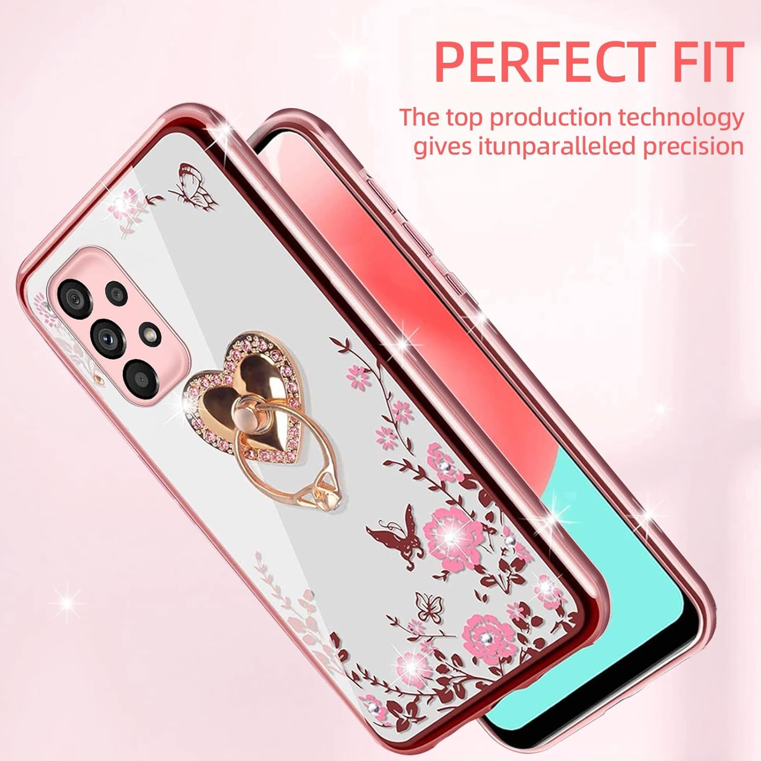 For Samsung Galaxy A53 Case, A53 5G Case for Women Glitter Crystal Butterfly Heart Floral Soft TPU Luxury Bling Cute Protective Cover with Kickstand Strap for Samsung A53 5G (Rose Gold)  KuDiNi   