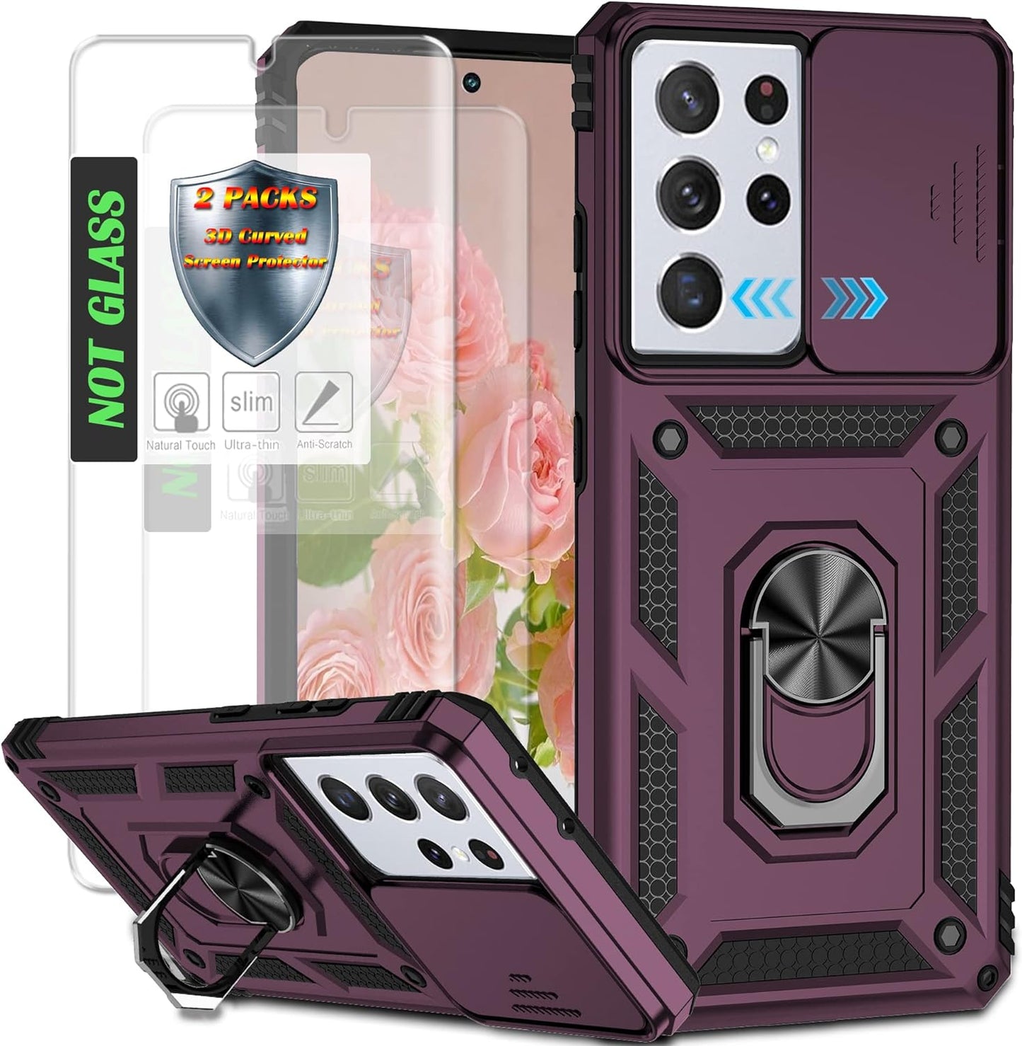 AYMECL Case for S21 Ultra 5G,Galaxys21 Ultra 5G Case with Slide Camera Cover&[2 Packs] Self-Healing Film,360° Rotate Ring Stand Magnetic Cover Case for Samsung Galaxy S21 Ultra 5G 6.8"-Blue  AYMECL Tc-Wine Red  