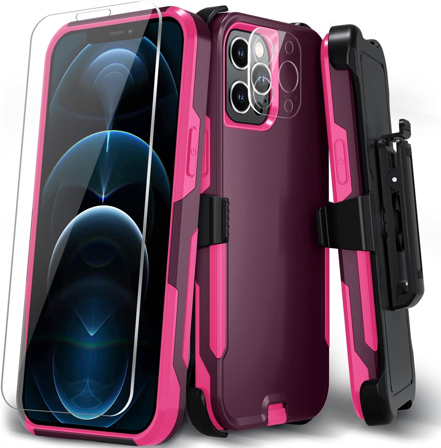 Xmon for Iphone 12 Pro Max Phone Case, [Shockproof] [Belt Clip Kickstand] [Tempered Glass Screen Protector with Camera Lens Protector] Heavy Duty Cover for Iphone 12 Pro Max 6.7 Inch (Blue)  Xmon Wine Rose  