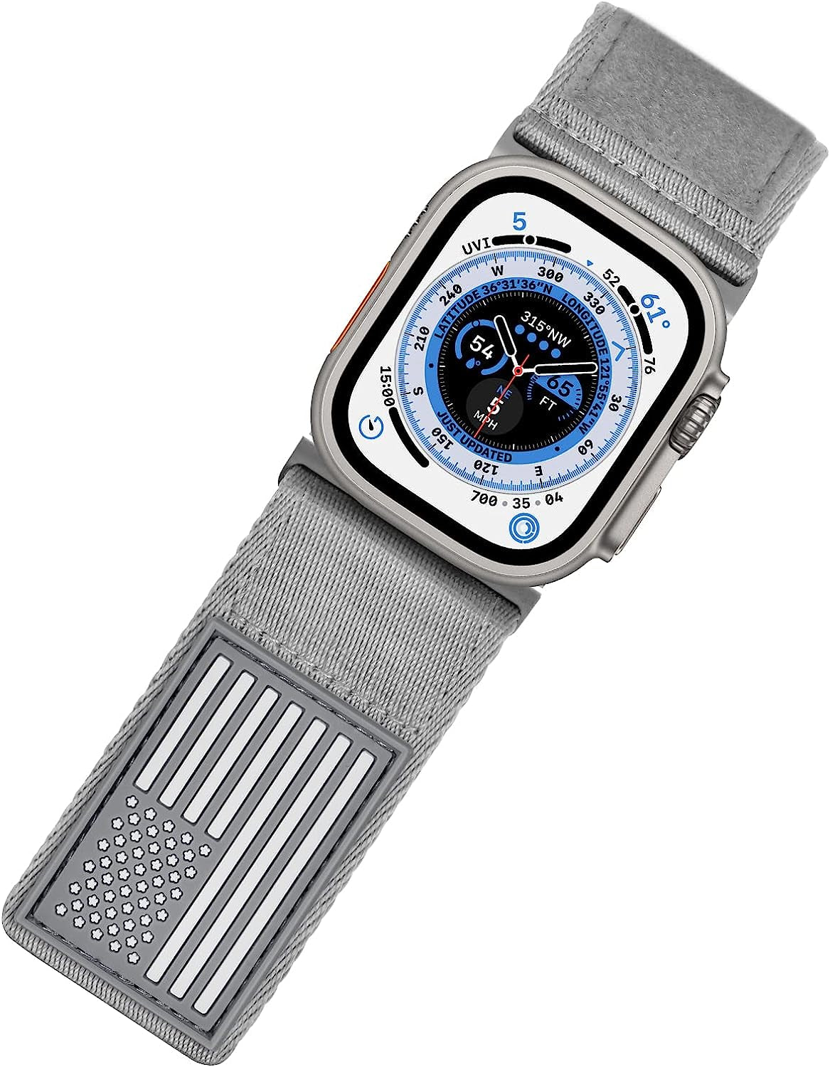 Tefeca Fortitude Series Adjustable Band for Apple Watch/Apple Watch Ultra  Tefeca Ultra Wide Nylon Gray USA Flag with Silver Adapters 49/45/44/42mm Extra Large 
