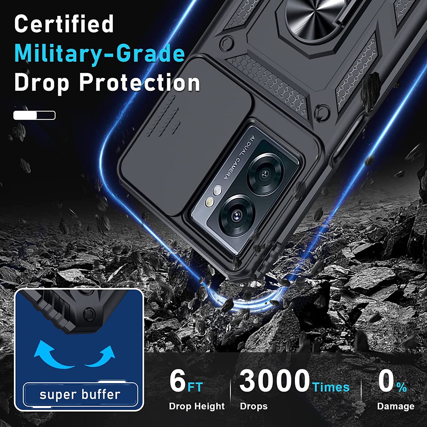 Janmitta Oneplus Nord N300 5G Case Built in Slide Camera Lens Cover and Screen Protector,Heavy Duty Shockproof Full Body Protective Phone Cover,Built in Finger Ring Stable Holder Kickstand,2022 Black  Janmitta   