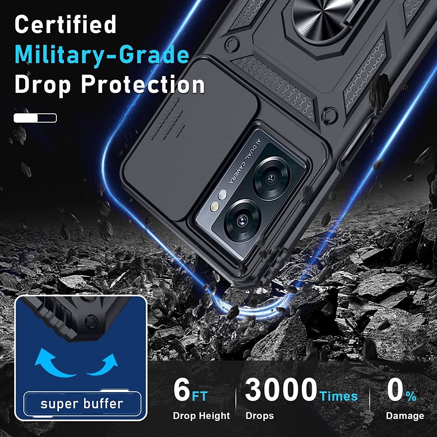 Janmitta Oneplus Nord N300 5G Case Built in Slide Camera Lens Cover and Screen Protector,Heavy Duty Shockproof Full Body Protective Phone Cover,Built in Finger Ring Stable Holder Kickstand,2022 Black  Janmitta   