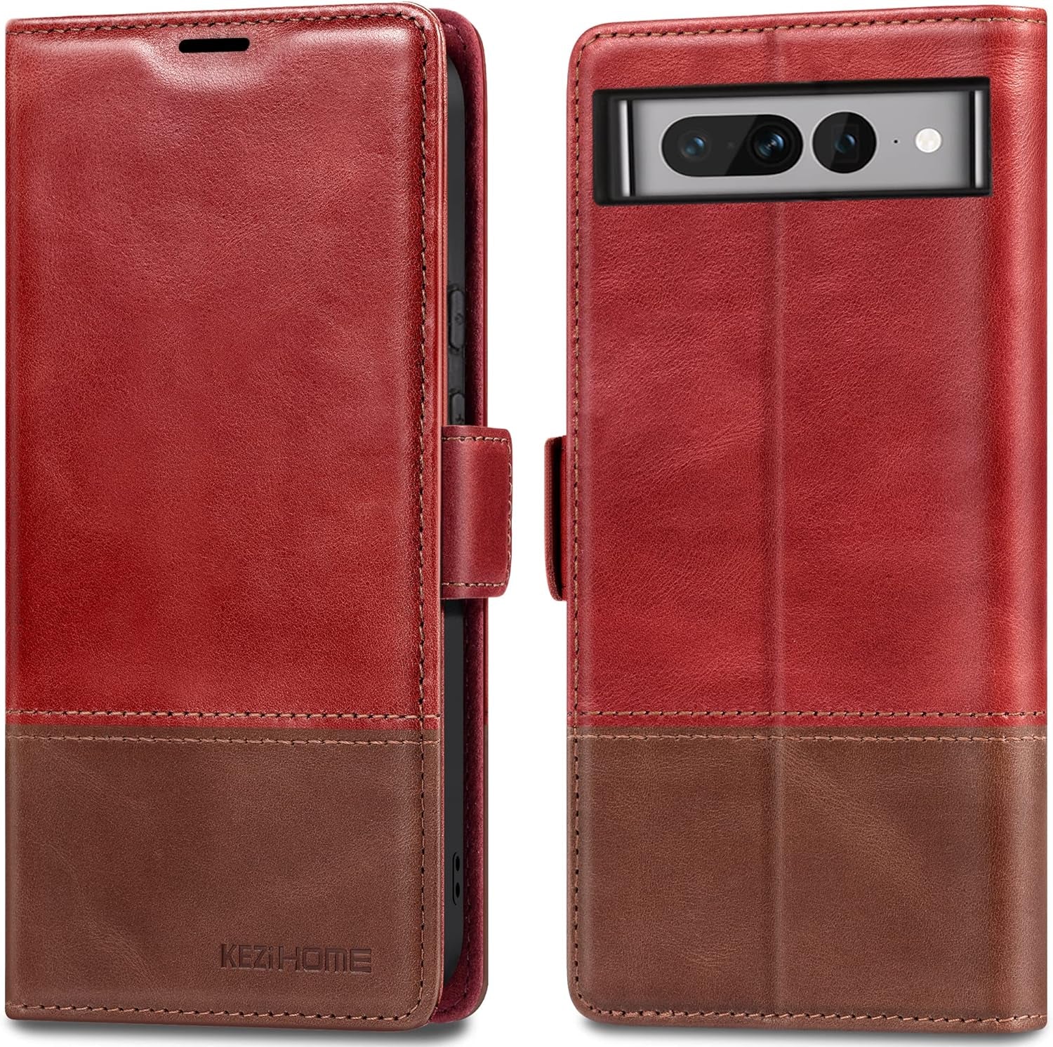 Kezihome Case for Google Pixel 7A, Genuine Leather Wallet Case with Card Holder [RFID Blocking] Kickstand Flip Protective Heavy Duty Phone Cover for Google Pixel 7A 5G 2023 (Red/Brown)  KEZiHOME Red/Brown Google Pixel 7 Pro 