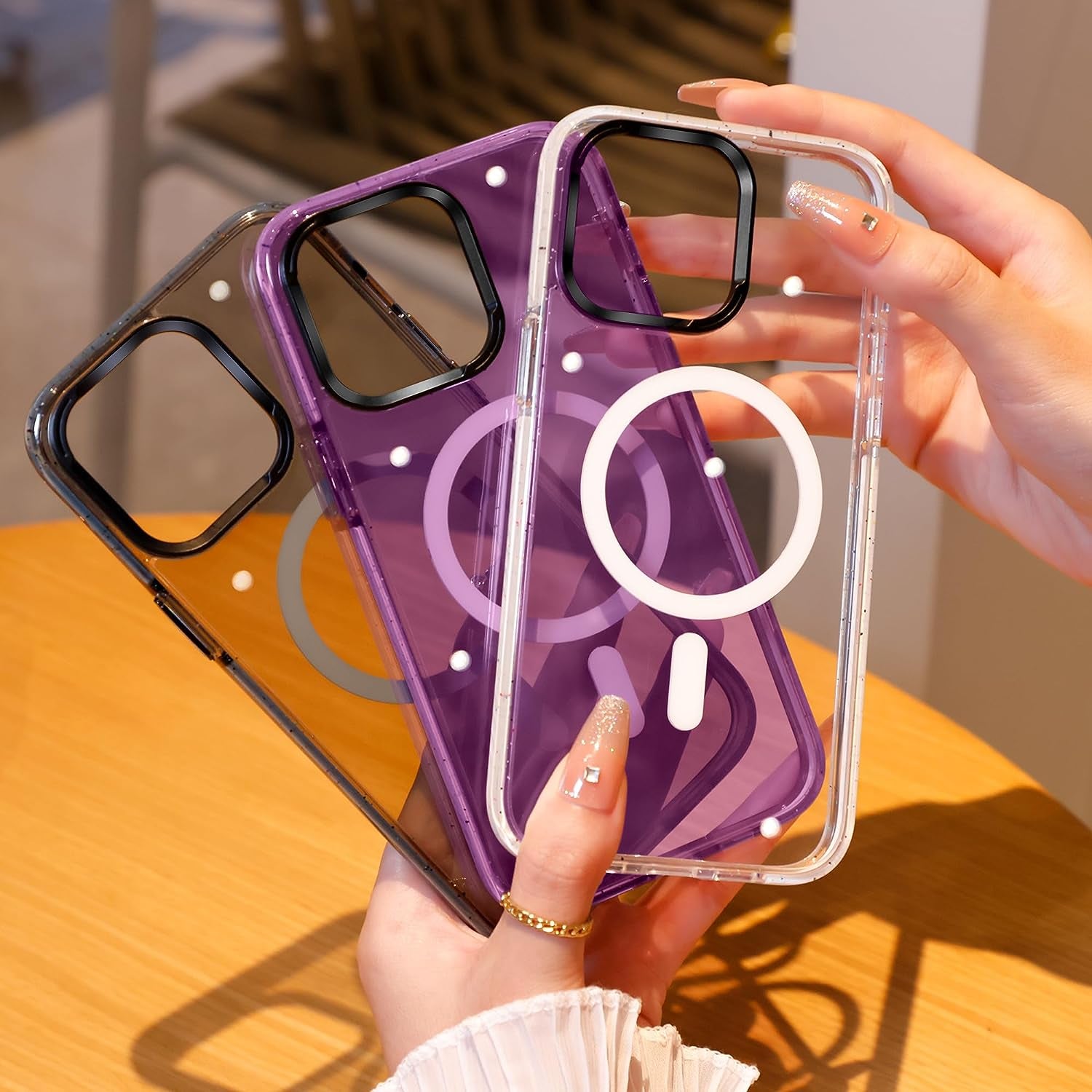 JUESHITUO for Iphone 14 Pro Max Case Magsafe with Glitter Shockproof Buffer Belt [Never Yellow] [10X Military Protection] [Screen Protector & Higher Camera Cover] Magnetic Clear Purple Back 6.7 Inch  JUESHITUO   