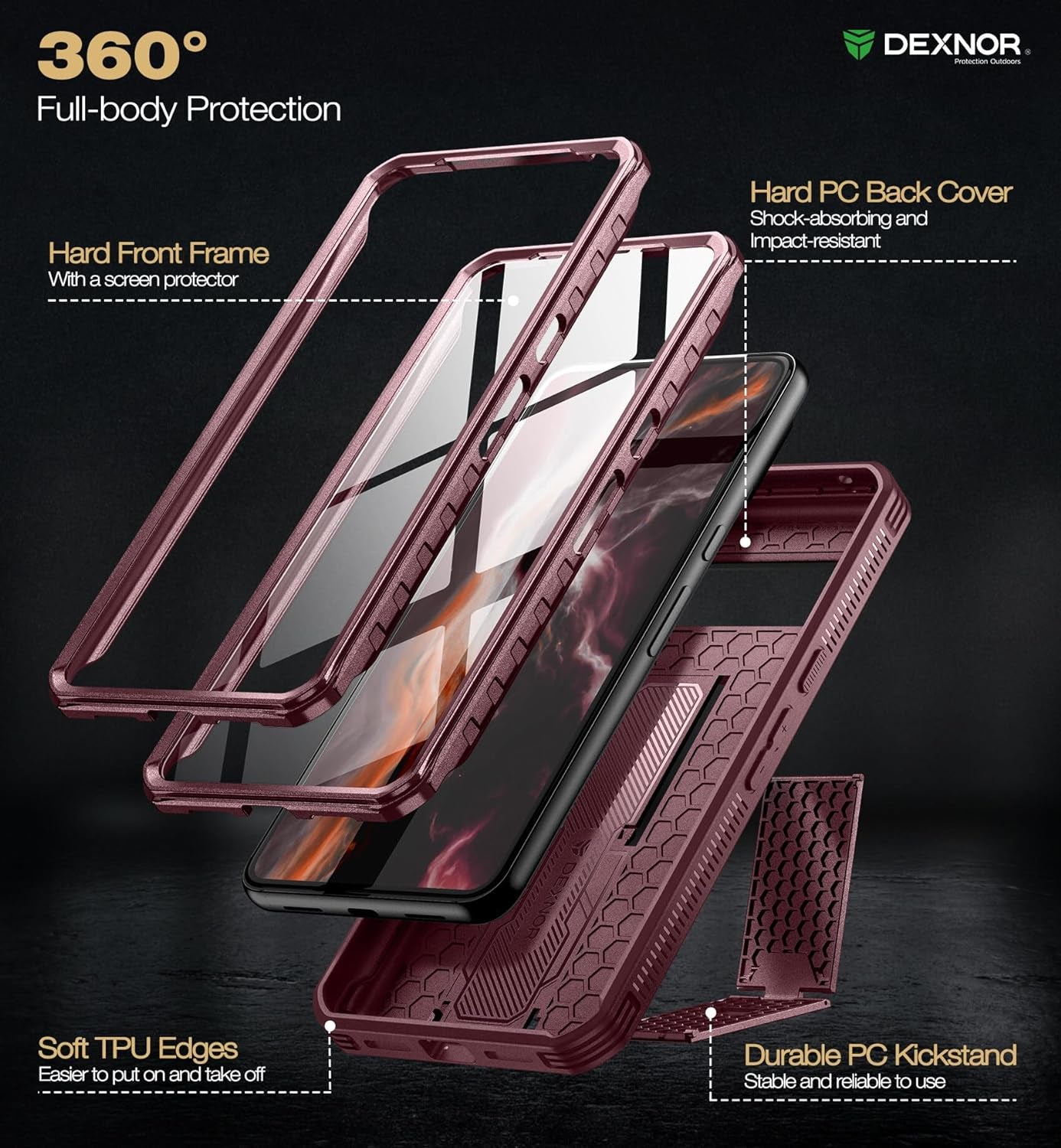 Dexnor Full Body Case for Google Pixel 8 Pro, Built-In Screen Protector and Kickstand, [Extra Front Frame] Heavy Duty Military Grade Protection Shockproof Rugged Cover Case for Pixel 8 Pro 5G, Red  Dexnor   