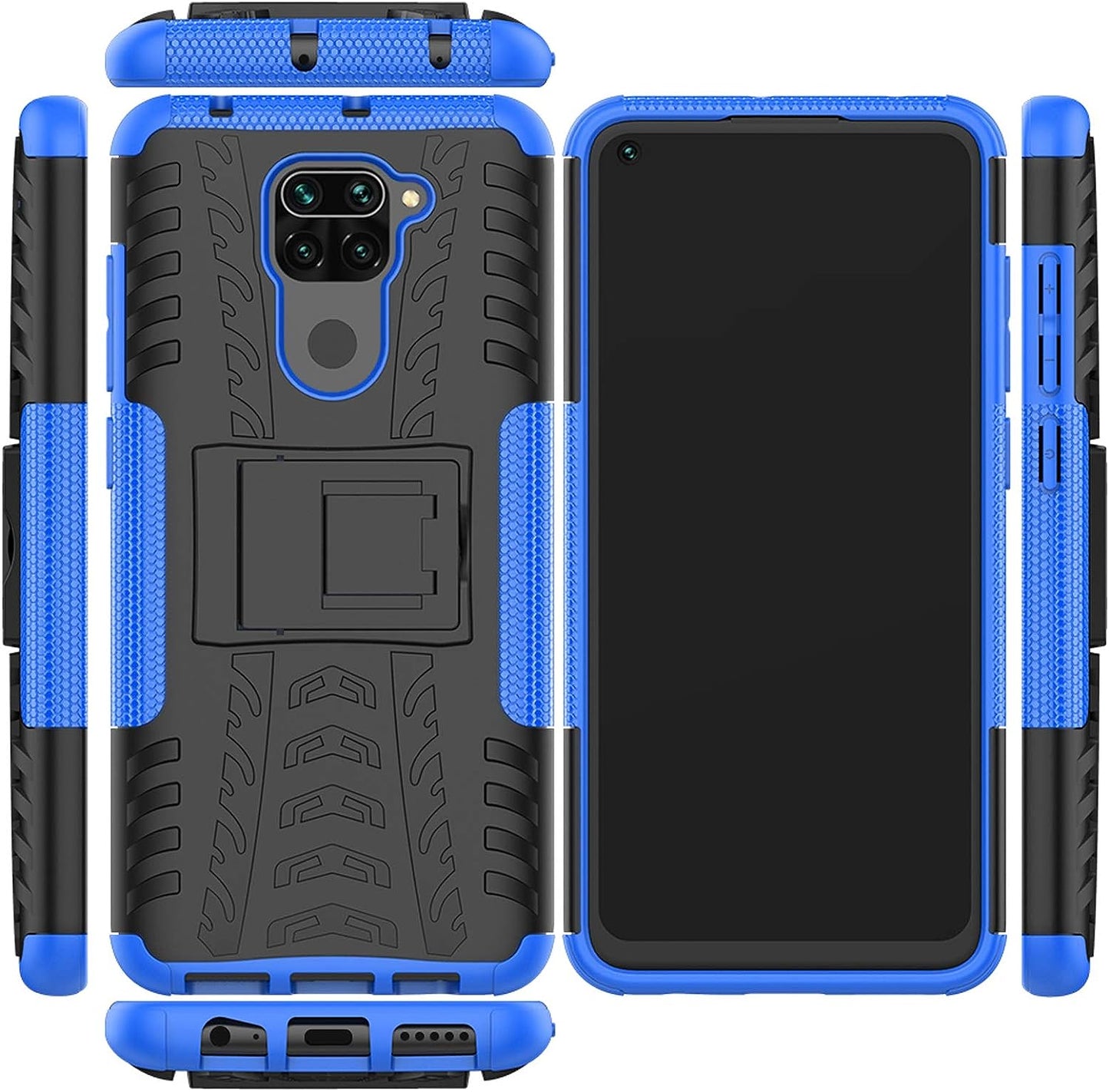 Phone Case for Xiaomi Redmi Note 9 with Tempered Glass Screen Protector Cover and Stand Kickstand Hard Rugged Hybrid Protective Cell Accessories Xiami Xiomis Xiome Redme Note9 4G Cases Men Black Blue  Asuwish   