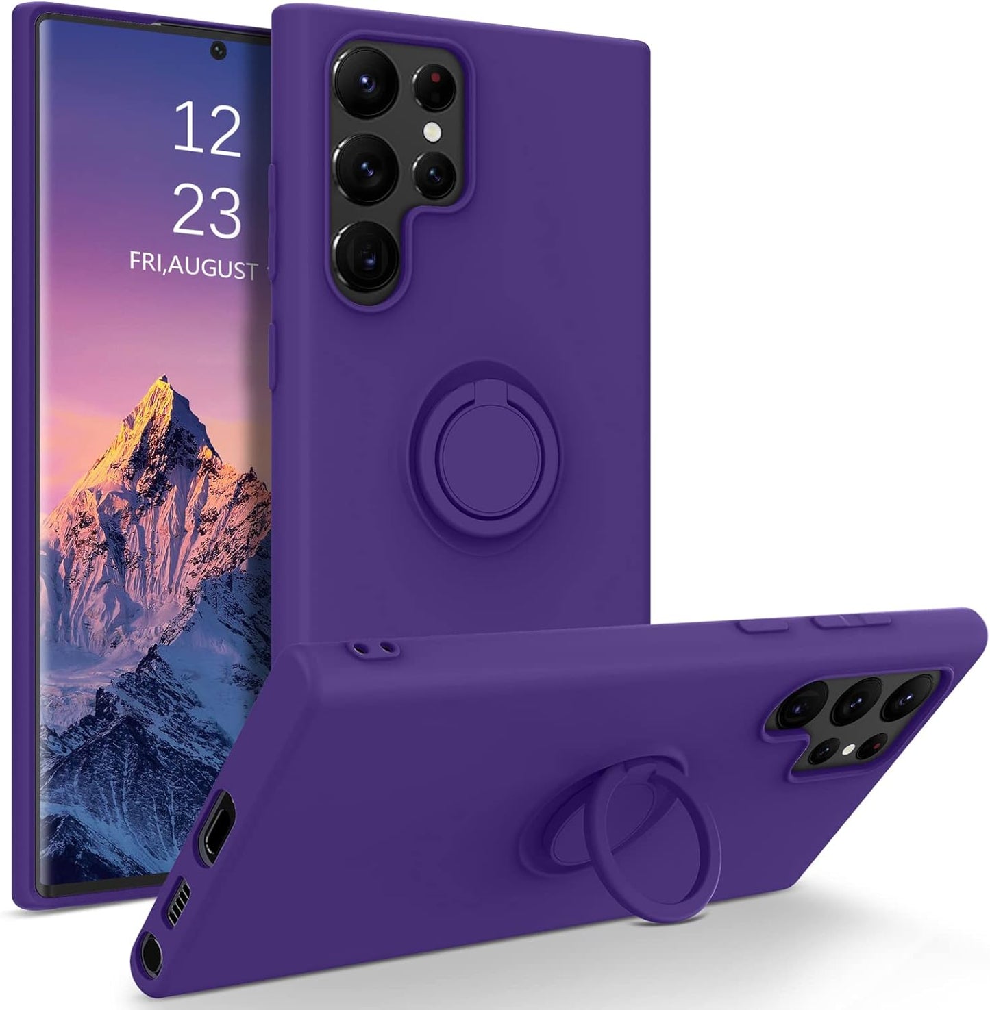 DUEDUE for Samsung Galaxy S22 Ultra 5G Case, Liquid Silicone Slim Soft Gel Rubber Cover with Ring Kickstand Car Mount Function Shockproof Protective Phone Case for Samsung S22 Ultra 6.8", Orange  DUEDUE 462-Deep Purple  