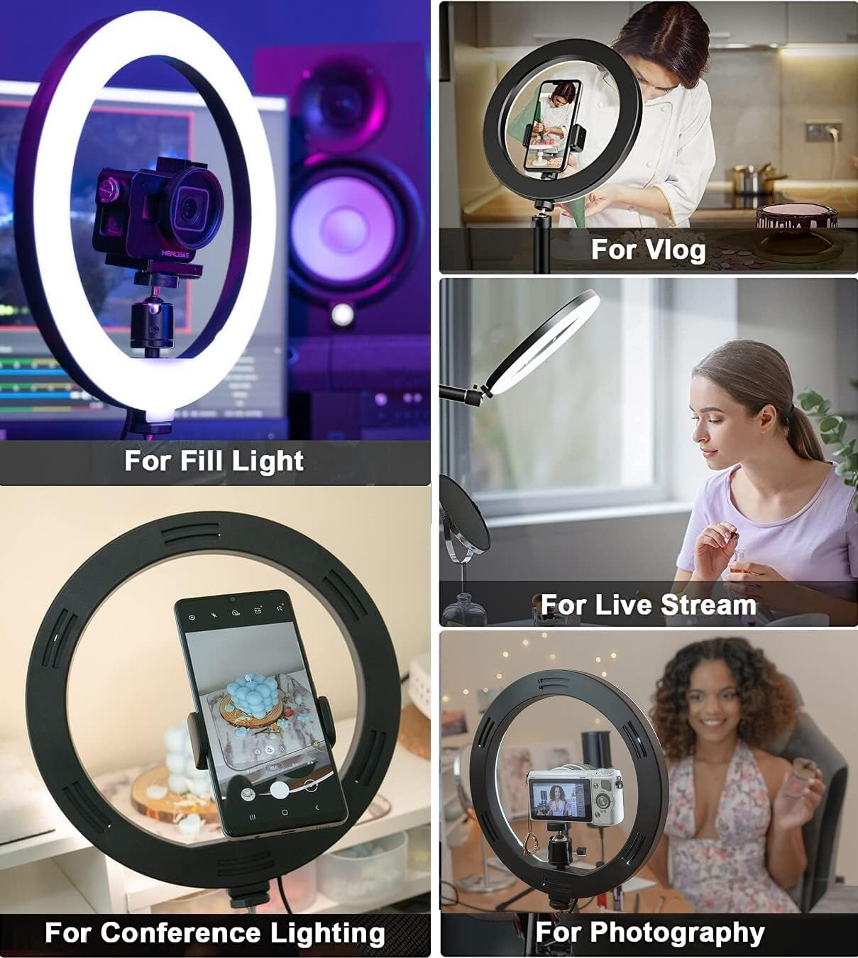 Ring Light with Stand and Phone Holder, Metal Clamp Arm with 10'' Selfie Light Compatible with Iphone 14 13 12 11 Xs Xr for Zoom Calling, Vlog, Youtube, Calligraphy, Drawing, Online Course  Acetaken Mount   