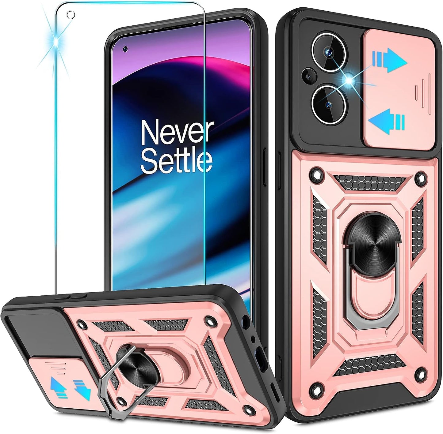 For Oneplus Nord N20 5G Case with HD Screen Protector, Heavy Duty Shockproof Protective Case with Metal Kickstand [Military Grade] Protective Case for Oneplus Nord N20 5G, Black  Atump Rose Gold  