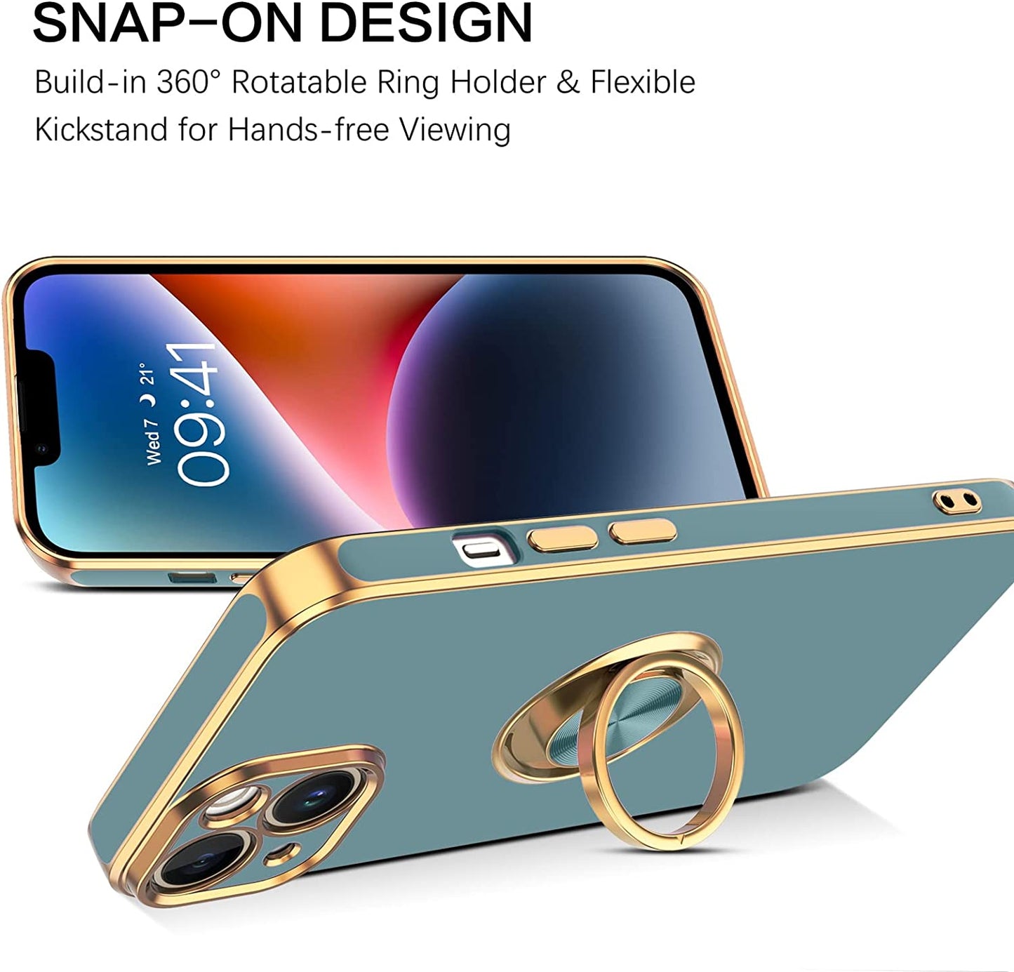 VENINGO Iphone 14 Case,Phone Cases for Iphone 14,Slim Fit Soft 360° Ring Holder Kickstand Magnetic Car Mount Supported Easy Clean Shockproof Protective Cover for Apple Iphone 14 6.1", Blue Grey/Golden  VENINGO   