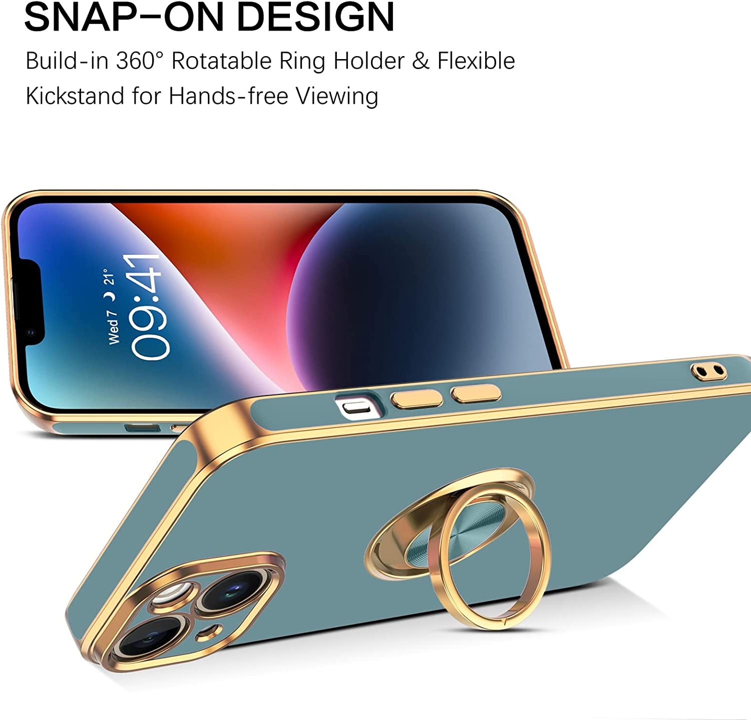 VENINGO Iphone 14 Case,Phone Cases for Iphone 14,Slim Fit Soft 360° Ring Holder Kickstand Magnetic Car Mount Supported Easy Clean Shockproof Protective Cover for Apple Iphone 14 6.1", Blue Grey/Golden  VENINGO   