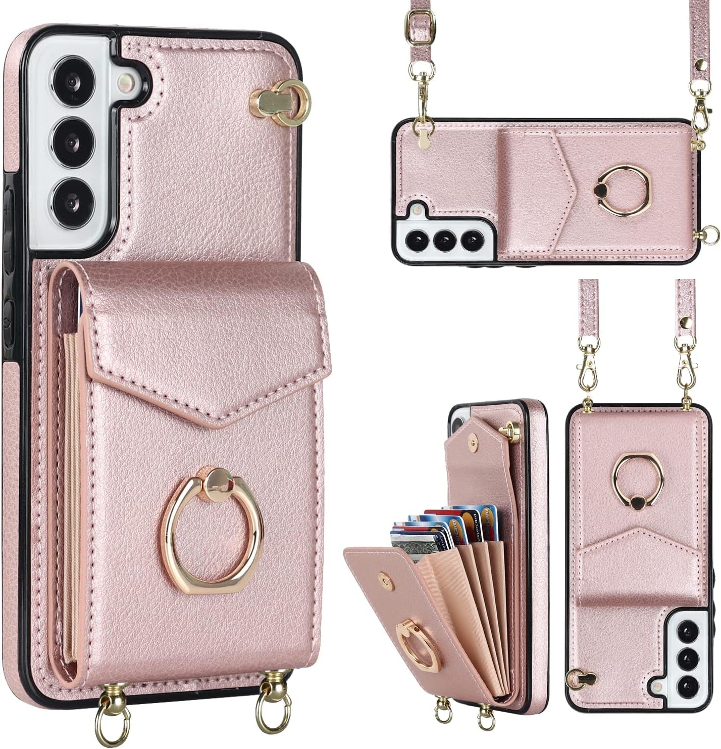 YYTVN for Samsung Galaxy S21 plus Case 5G 6.7 Inch, Minimalist Wallet Case with Ring Kickstand and Shoulder Strap, Shockproof Stylish Protective Cover for Galaxy S21 plus -Red  YYKeji Rose Gold Galaxy S21 Fe 