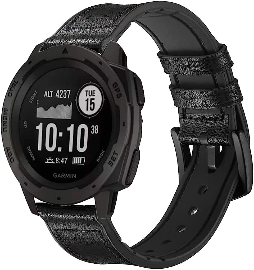 GARTOO Leather Watch Band for Garmin Instinct/Instinct 2 Solar, Soft Genuine Leather with Silicone Sweatproof Wrist Strap for Garmin Instinct Tactical/Tide/Esports/Instinct Solar-Max Wrist 8.1"  GARTOO Black  