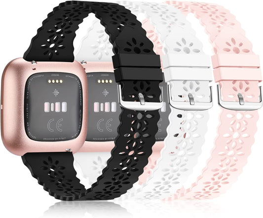 YAXIN 3 Pack Slim Sport Bands Compatible with Fitbit Versa/ Versa 2/ Versa Lite Band for Women,Soft Silicone Lace Replacement Wristbands for Smart Watch,Black/White/Pink Sand  YAXIN   