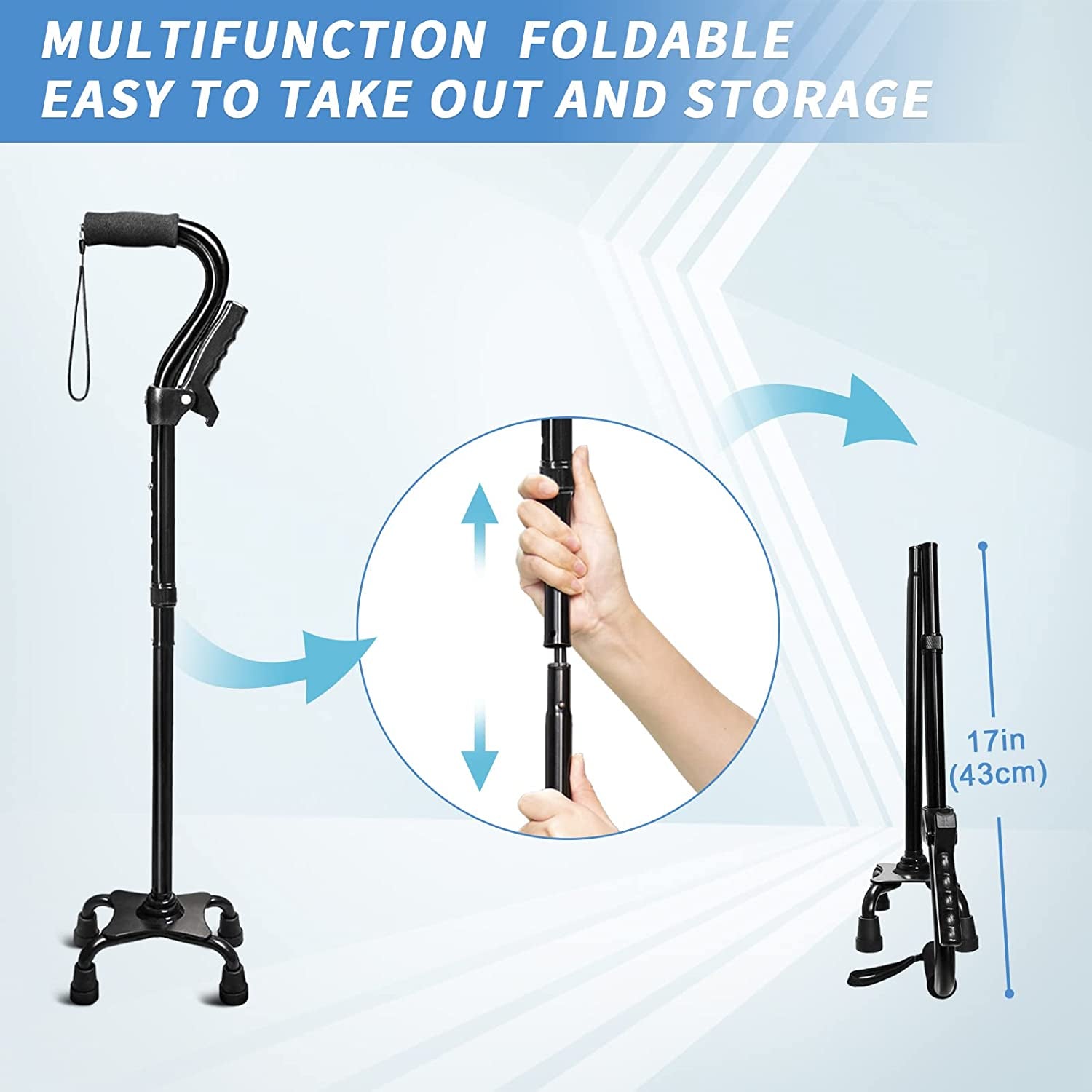 Adjustable Walking Cane for Men & Women with 4-Pronged Base for Extra Stability - Foldable Cane for Seniors with Foam Padded Offset Handle for Soft Grip & a Second Handle for Standing Black  KingPavonini   