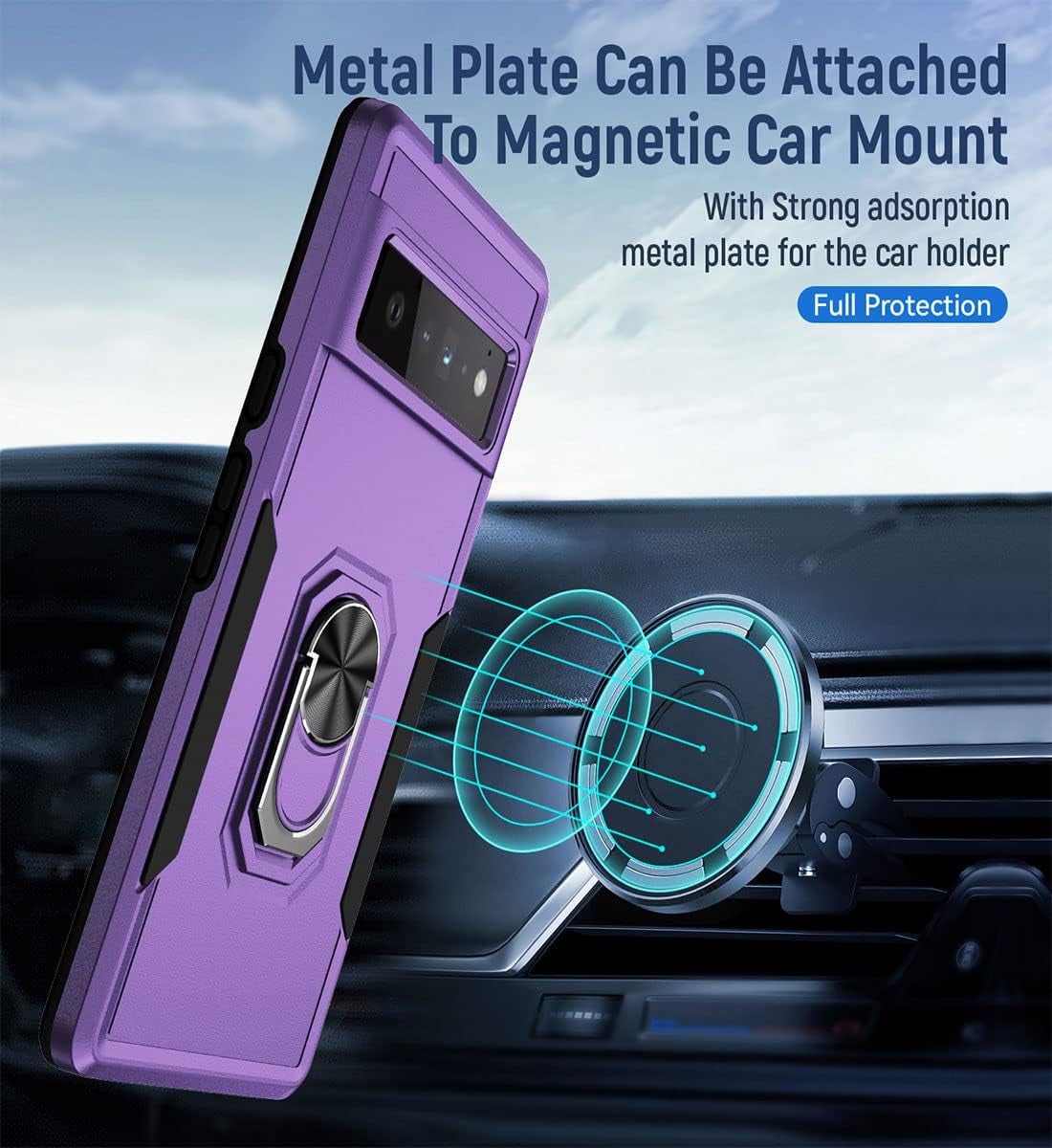 Case for Pixel 6 Pro，Google 6 Pro Case Protector with Car Mount Kickstand Metal Ring - Shock-Absorption Bumper Cover for Google Pixel 6 Pro Case Anti-Scratch (Purple)  Anzruosu   