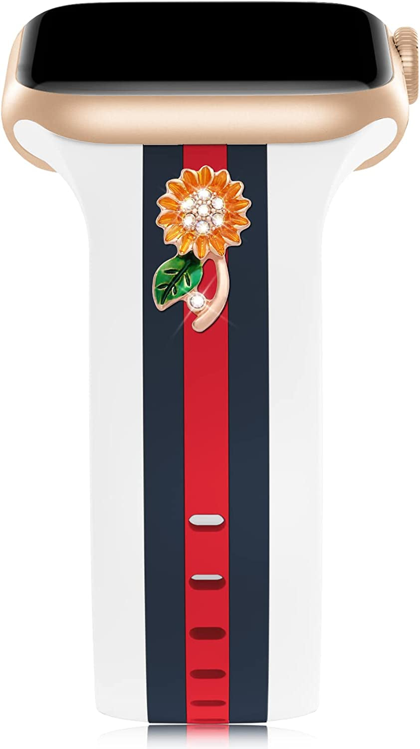 Designer Band with Charms Decor Compatible with Apple Watch Band 38Mm 40Mm 41Mm 42Mm 44Mm 45Mm 49Mm Women Men, Stylish Silicone Sport Wristbands for Iwatch Series 8 7 6 5 4 3 2 1 SE Ultra  Bagoplus White/Blue/Red-Sunflower 42mm/44mm/45mm/49mm 